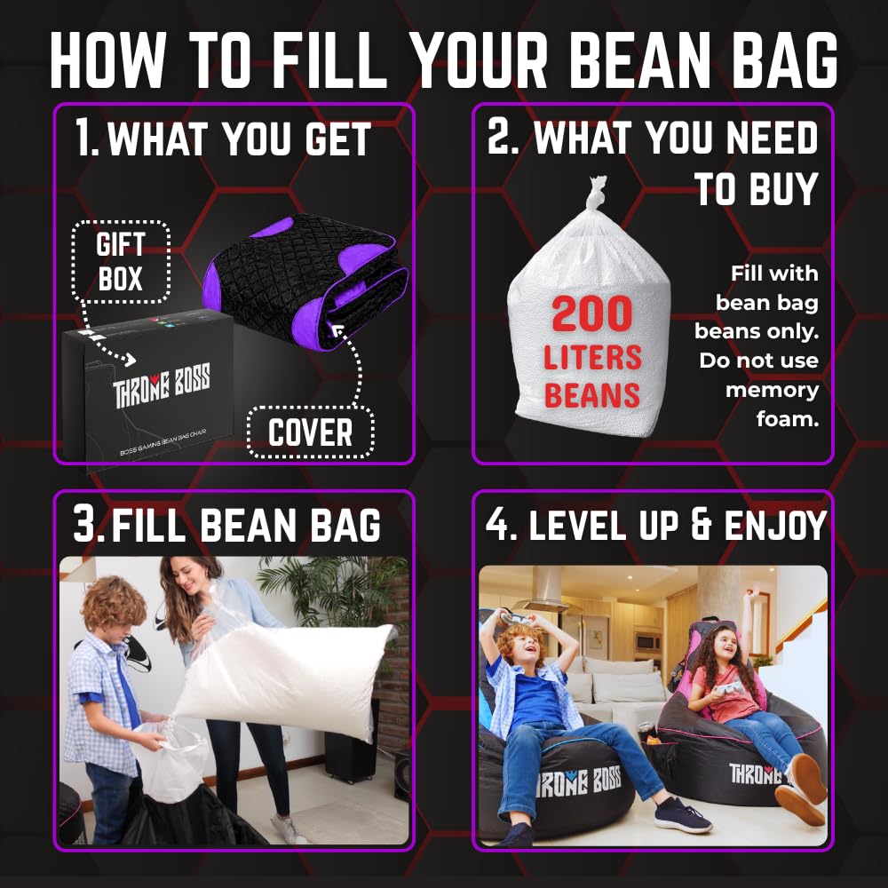 Throne Boss Gaming Bean Bag Chair Cover for Kids with High Back, Purple –Gamer chair for kids with 2 x Large Side Pockets, Headphone Hanger, Easy to Clean Fabric, requires 200 Liters Polystyrene Beans