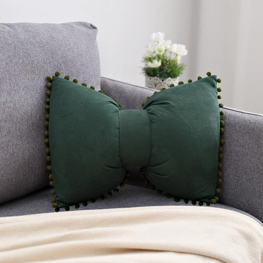 YDBDAT Velvet Soft Decorative Throw Pillow Covers with Pom Poms Christmas Cushion Pillow Cases Bow Lumbar Pillow Covers for Sofa Bed Couch Living Room 14 x 20 Decor Green