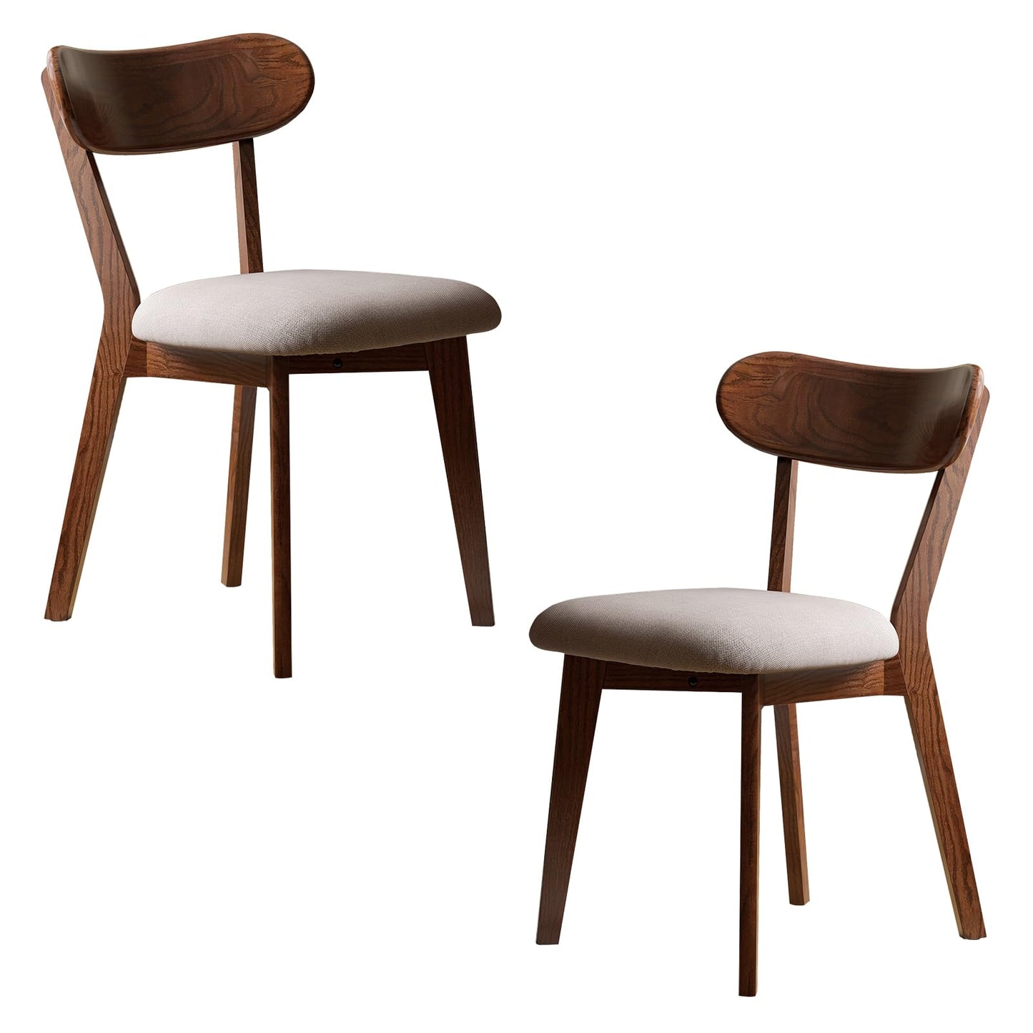 Walnut Dining Chairs Set of 2 – 400 lb Capacity Heavy Duty, Mid Century Modern Wooden Curved Back & Upholstered Seat, Solid Oak Wood, Armless for Dining Room, Kitchen, Breakfast Nook, Small Space