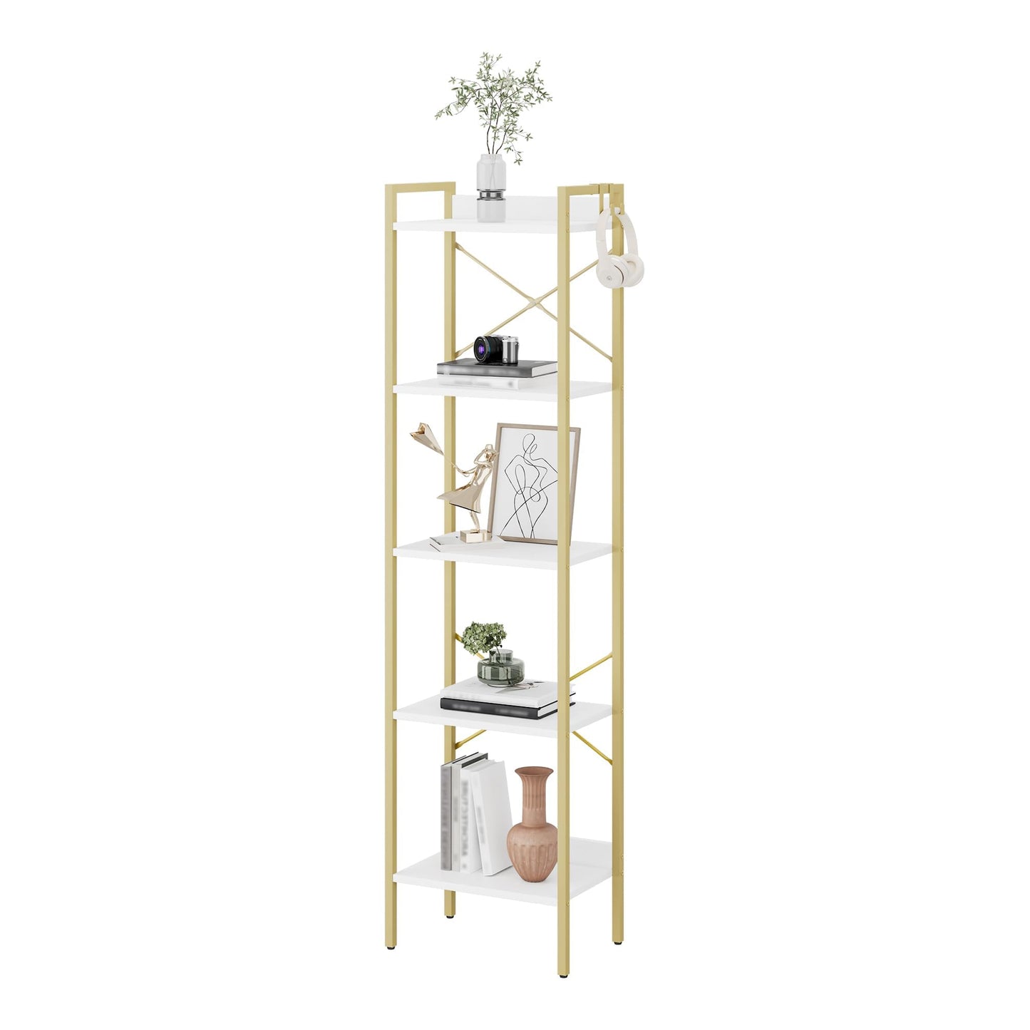 Hzuaneri Bookshelf, Book Shelf, Industrial Bookcase with 2 Hooks, Coner Shelf Storage Organizer for Home Office, Living Room, Bedroom, Kitchen, 5-Tier White Gold BC10513G