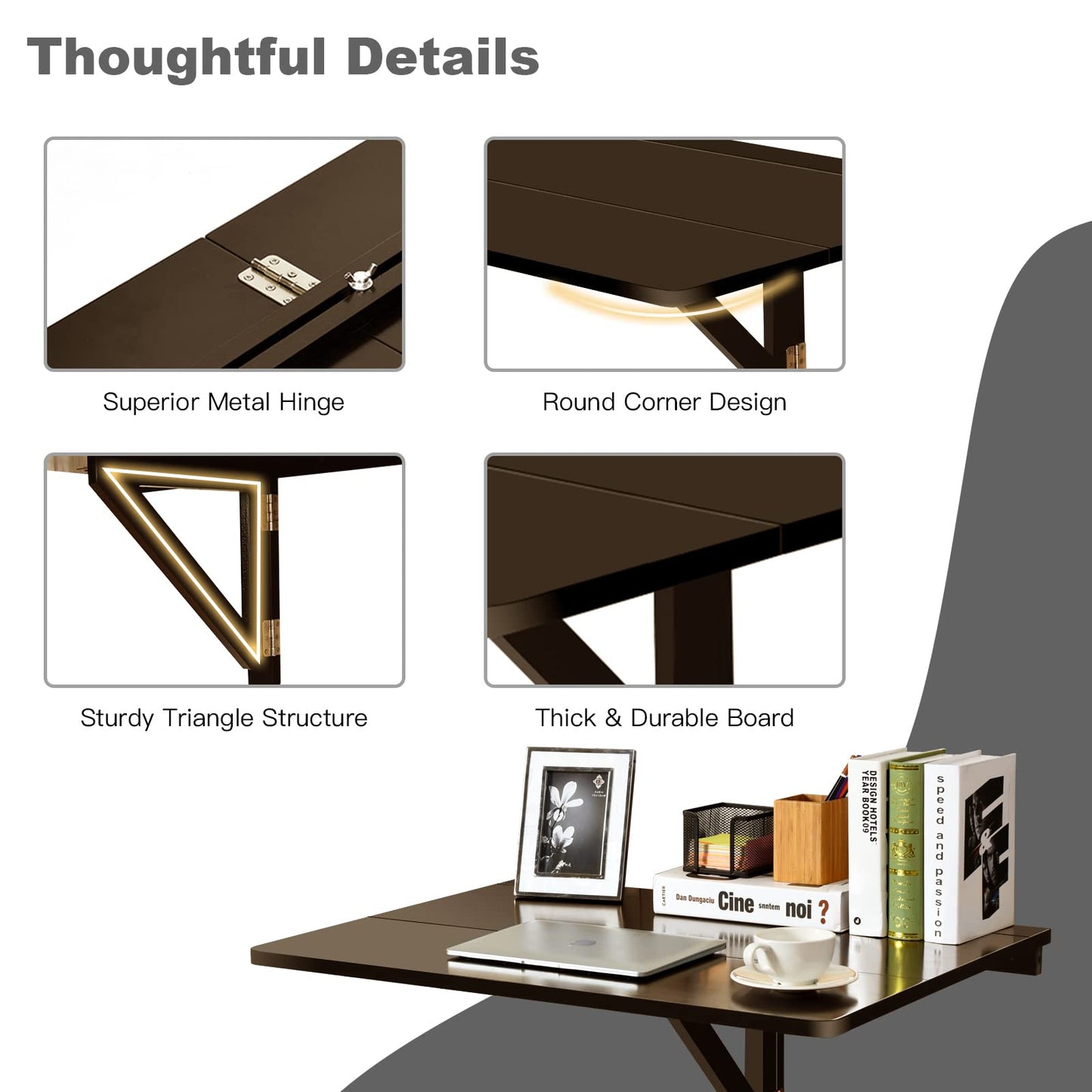 COSTWAY Wall Mounted Folding Table, 31.5" x 23.5" Drop-Leaf Floating Writing Desk for Small Spaces, Space-Saving Fold Down Laptop Workstation for Kitchen, Bedroom, Laundry Room, Study Room (Brown)