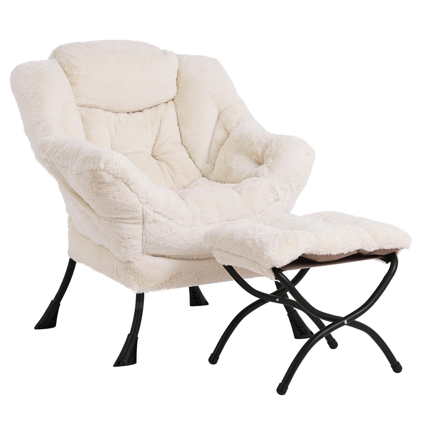 LITA Lazy Chair with Ottoman, Modern Accent Leisure Upholstered Sofa Chair, Lounge Reading Chair with Armrests and a Side Pocket for Living Room, Bedroom & Small Space, Plush Beige