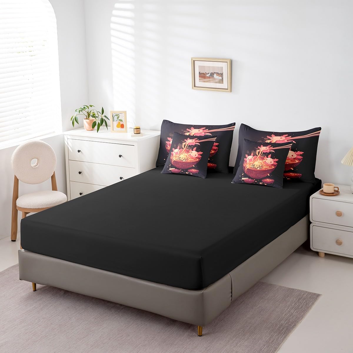 Erosebridal 7Pc Ramen Noodle Queen Bedding Set,Funny Axolotl Comforter Set Ramen Gifts for Kids Adults,Japanese Anime Style Bed Set Food Themed Bed in a Bag with Fitted Sheet,Flat Sheet,Pillowcases