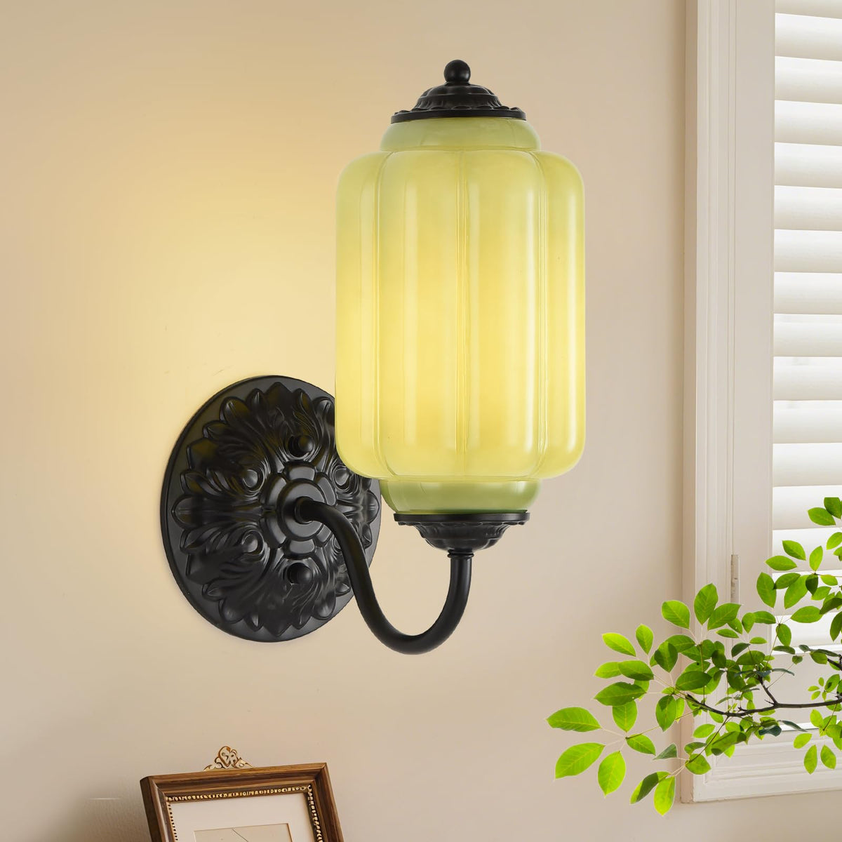 Pandaluna Vintage Wall Sconce, Green Milk Glass Light Fixture, 5.5In Art Deco Antique Wall Sconce for Bedroom Bathroom Living Room Hallway Entryway, E12 LED Bulb Included, Black & Green 2 Pack