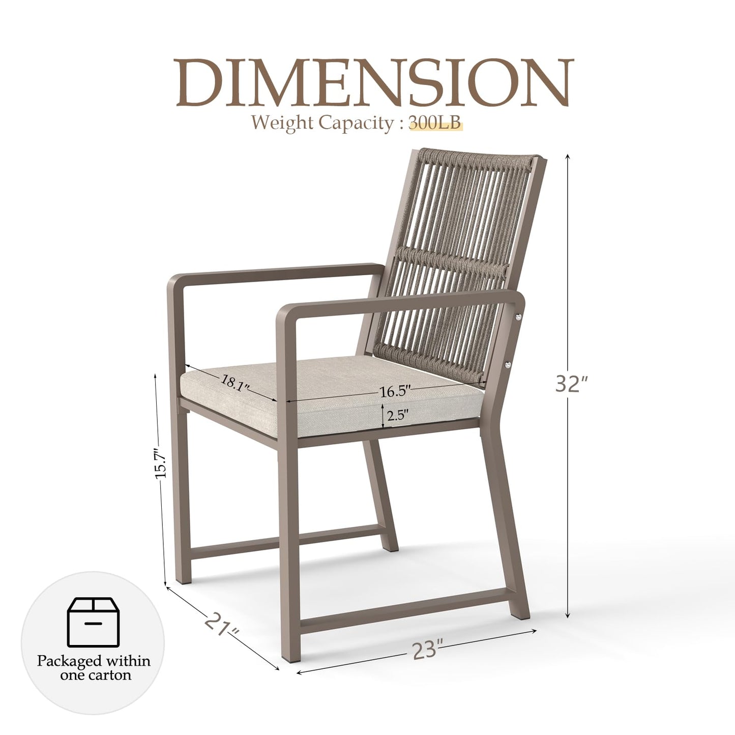 Coreporch Outdoor Patio Dining Chair, All-Weather Woven Rope Outdoor Chairs Set of 2, Sturdy Iron Frame, 400 lbs, Ergonomic Backrest, Removable Breathable Cushion, for Patio & Garden, Light Brown