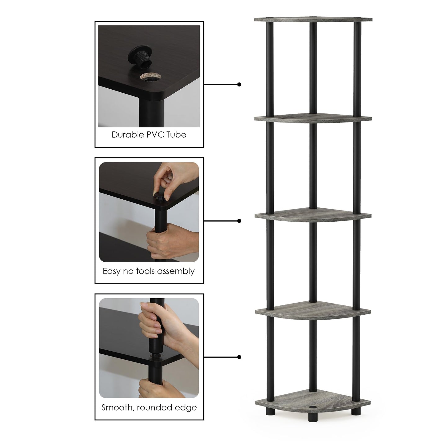Furinno TURN-N-TUBE Corner Shelf, 5-Tier Corner Bookshelf, Open Storage Shelves, for Organization and Storage, Living Room, Home Office, Garage, Bedroom, French Oak