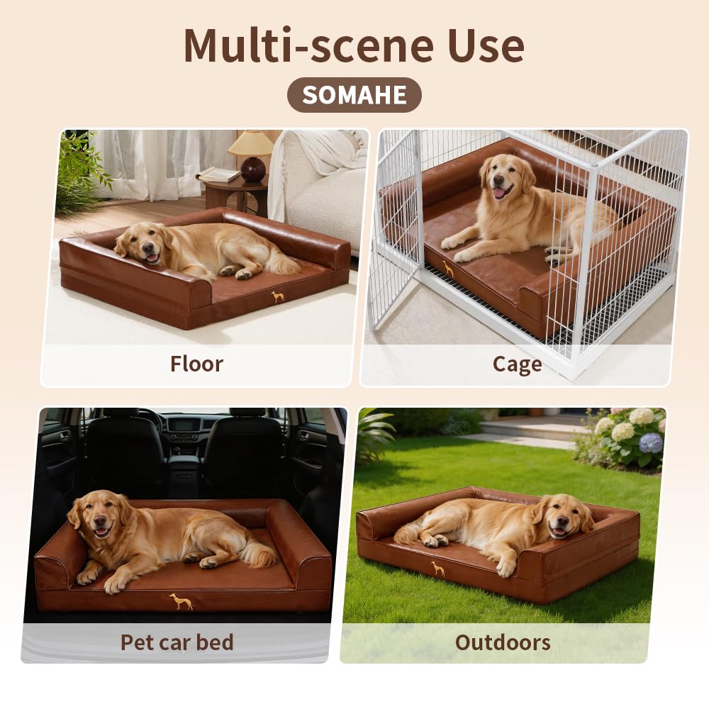 SOMAHE Leather Dog Bed Couch, Orthopedic Waterproof, 35"x28", Brown