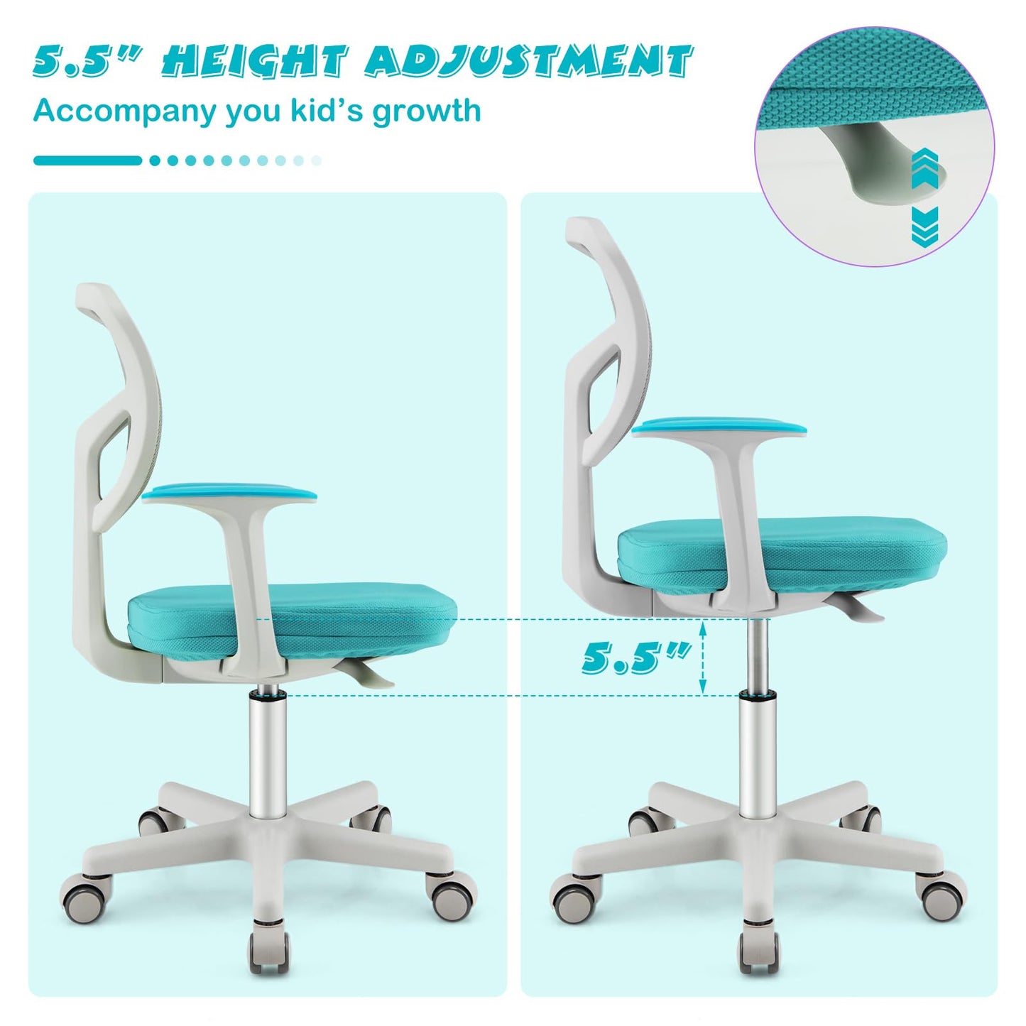 Costzon Kids Desk Chair, Adjustable Children Study Computer Chair with Arms & Wheels, Student Swivel Rolling Task Chair, Ergonomic Kids Office Chair for Boys Girls Age 4-12, Home Bedroom School, Green