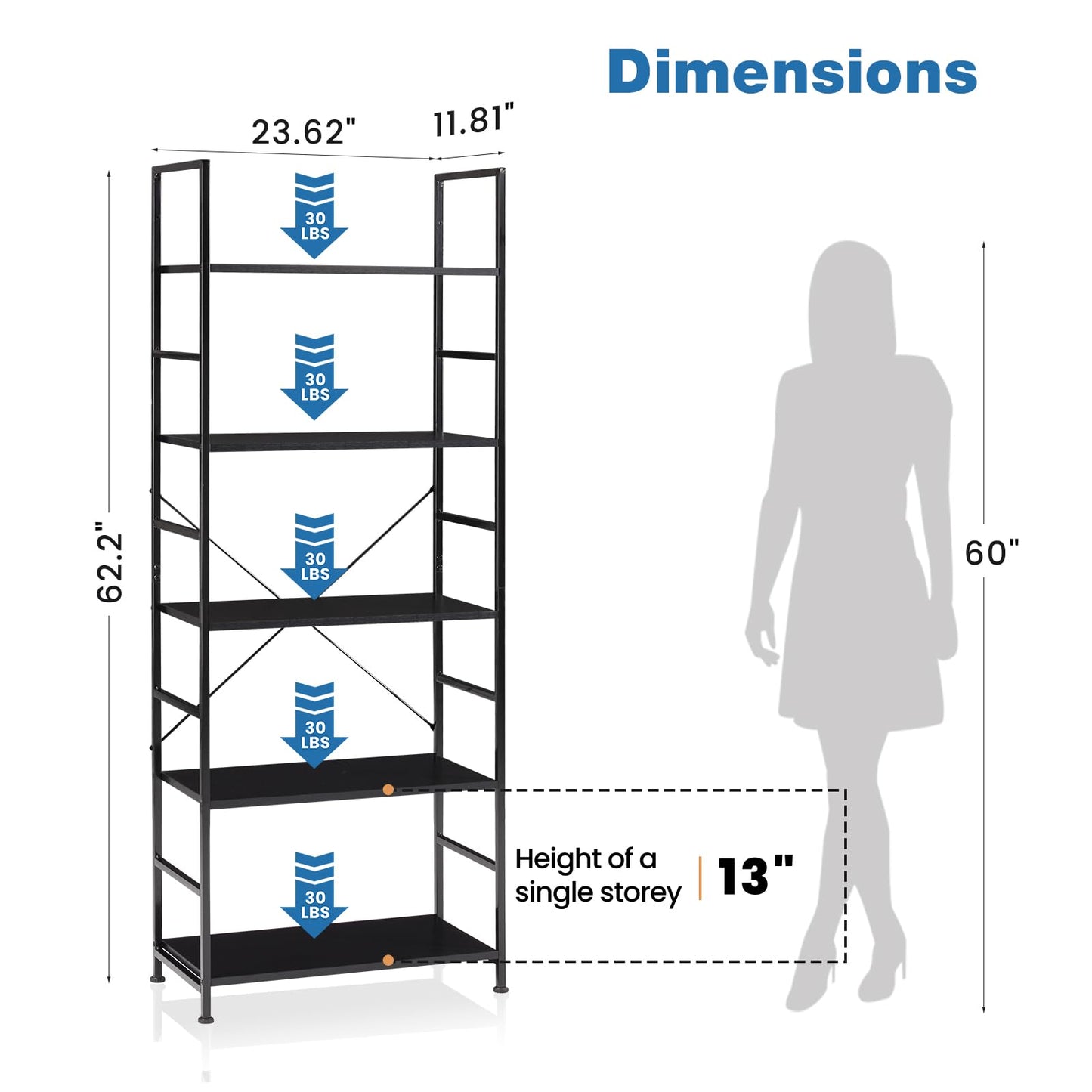 DUMOS 5 Tiers Open Bookshelf, Classic Freestanding Tall Display Shelf, Multifunctional Storage Organizer Rack for Living Room Home Office, Sturdy Bookcase for CDs/Books/Movies, Modern Black
