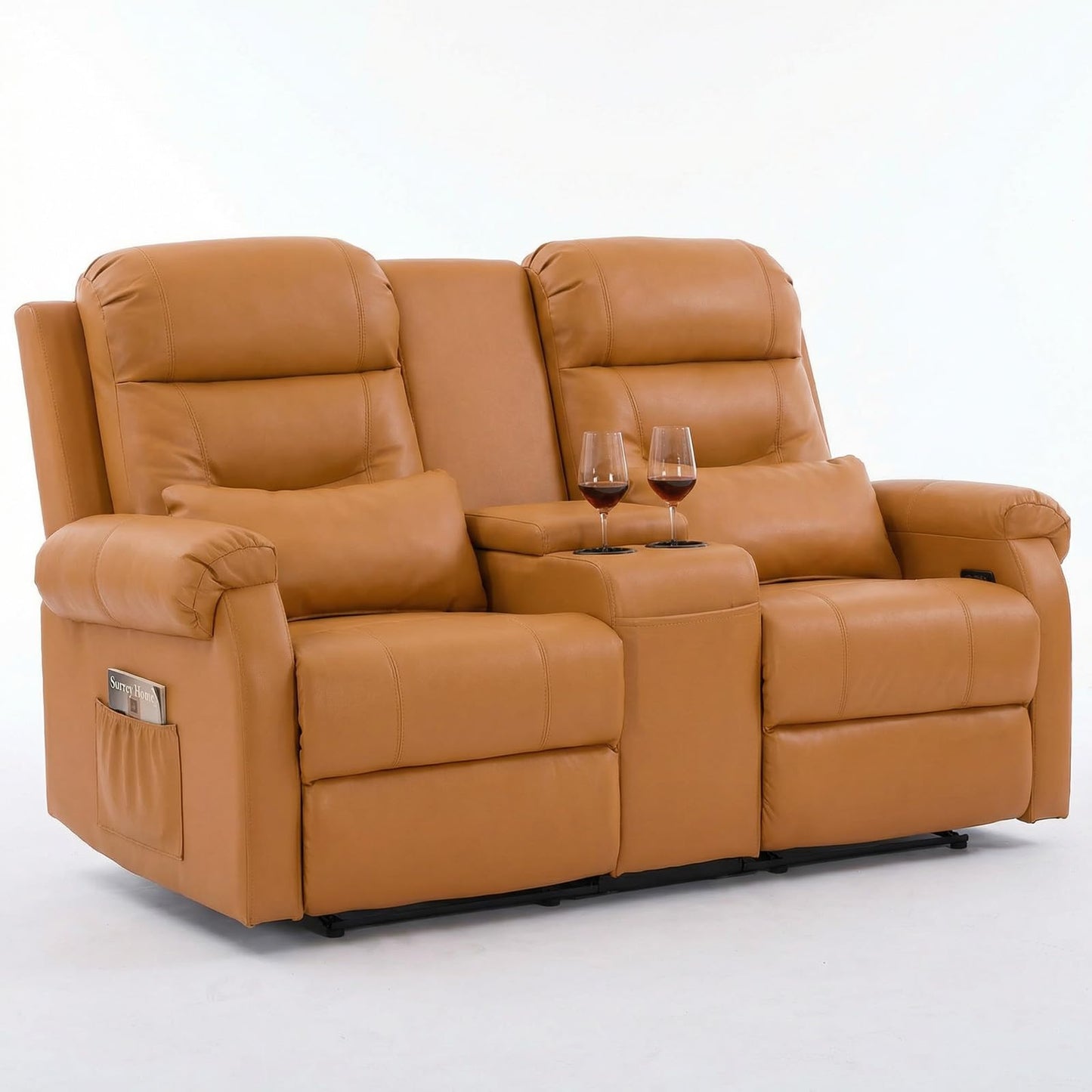 MANBUR RV Reclining Loveseat Sofa with Console, Wall Hugger Recliner Sofa, Double Recliner Home Movie Theater Seating with Cup Holders & Storage (Faux Leather Orange)