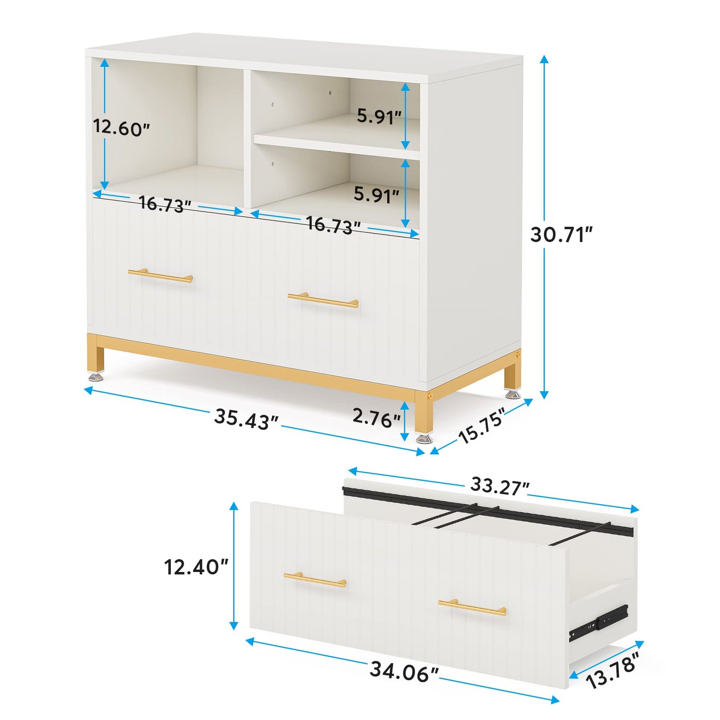 Tribesigns Lateral File Cabinet with Drawer, White Filing Cabinet for Letter/Legal/A4 Size Files, 35.4" Modern Wood File Storage Cabinets Printer Stand with Storage for Home, Office, White Gold