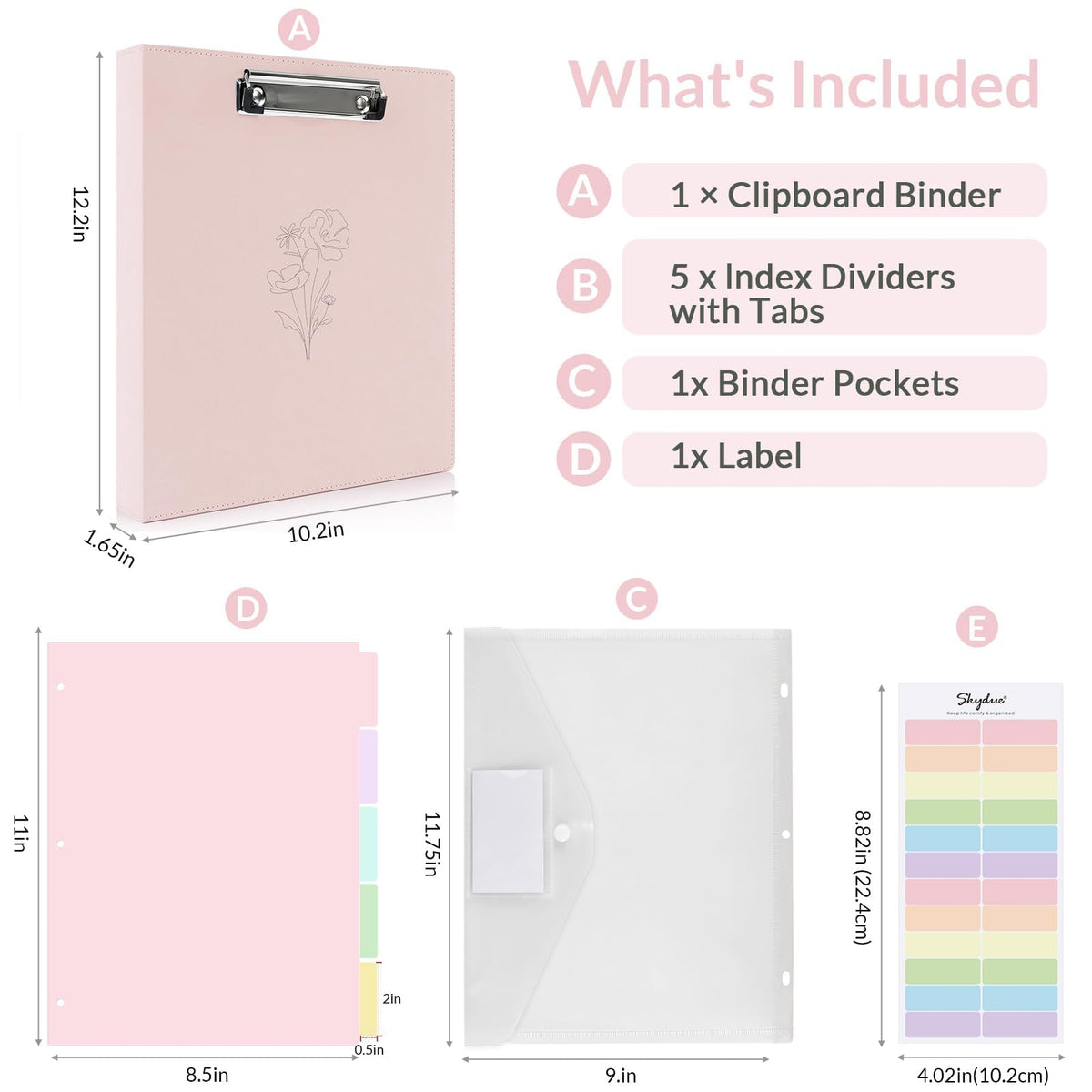SKYDUE Pink 3 Ring Binder with Clipboard,1 Inch Linen Binder for 3 Hole Punch Letter Size Loose Leaf Paper with 5 Dividers, Pocket and Labels School and Office Supplies