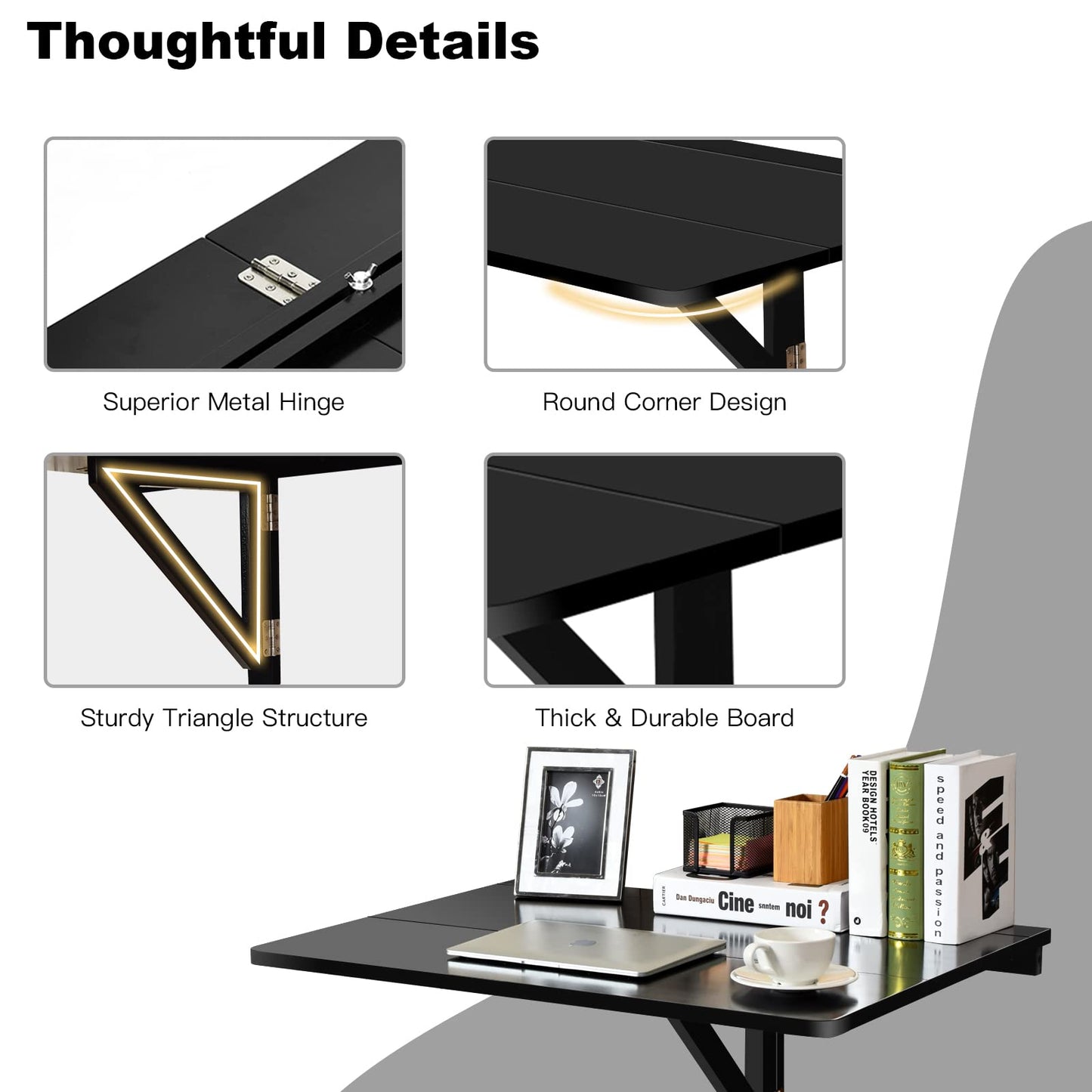COSTWAY Wall Mounted Folding Table, 31.5" x 23.5" Drop-Leaf Floating Writing Desk for Small Spaces, Space-Saving Fold Down Laptop Workstation for Kitchen, Bedroom, Laundry Room, Study Room (Black)