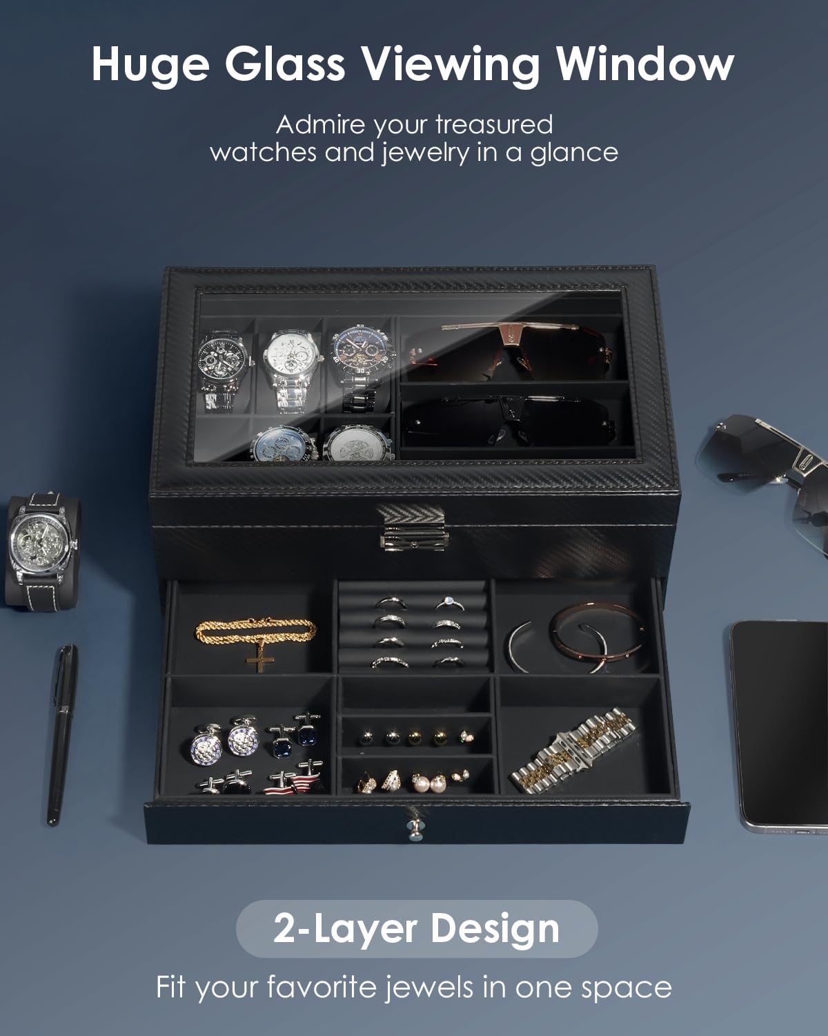 Kukikan Watch Jewelry Box Organizer, 6-Slot 2-Layer Case and Sunglasses Storage with Large Glass Lid, Men's Jewelry Box with Lock, Watch Holder Display Case, Fathers Day Gift, All Black
