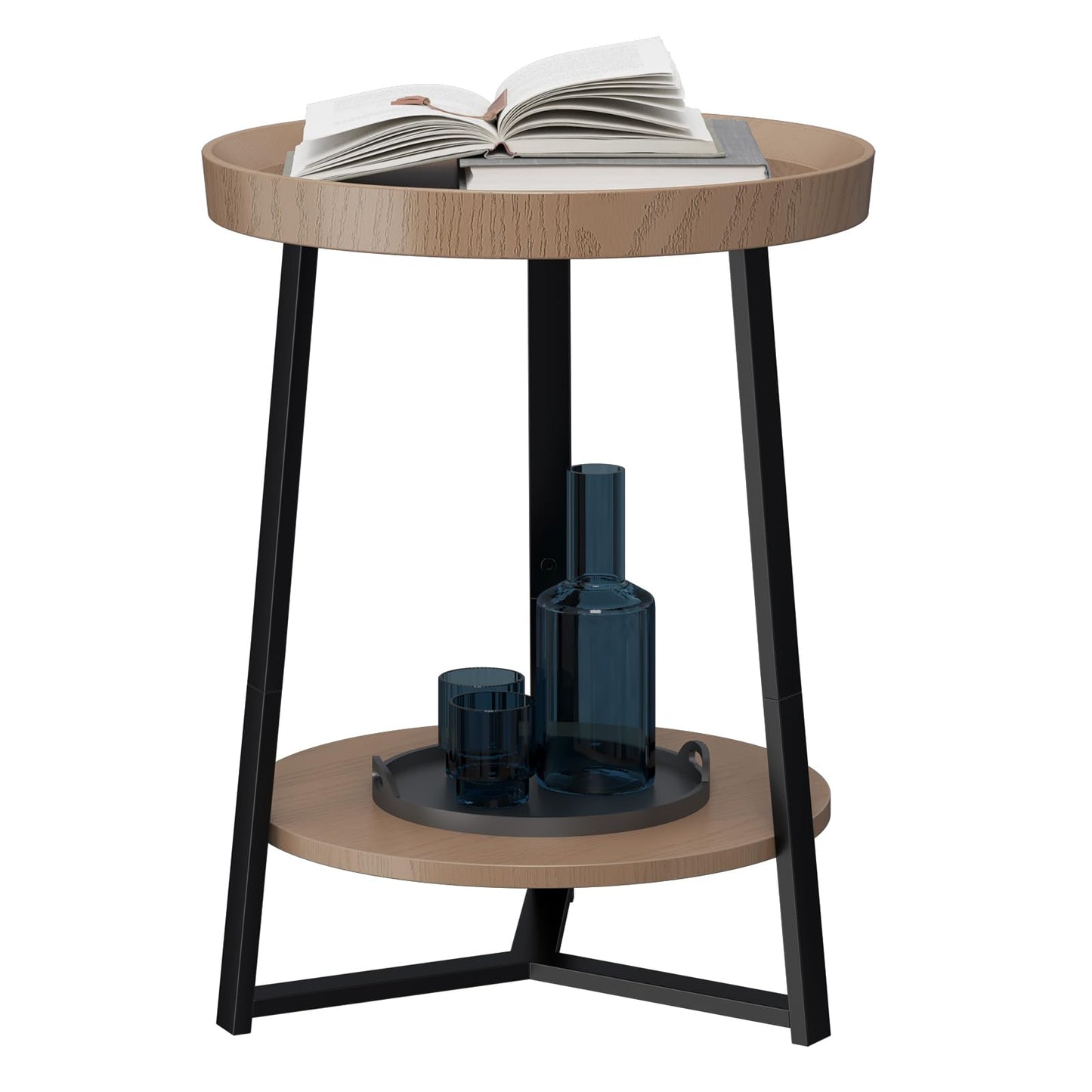 Gadroad Round End Table with Storage Shelf, 2 Tier Farmhouse Side Table Nightstand for Living Room, Bedroom, Wood Tabletop & Black Metal Frame, Walnut Color 15.7 * 15.7 * 23.0inches