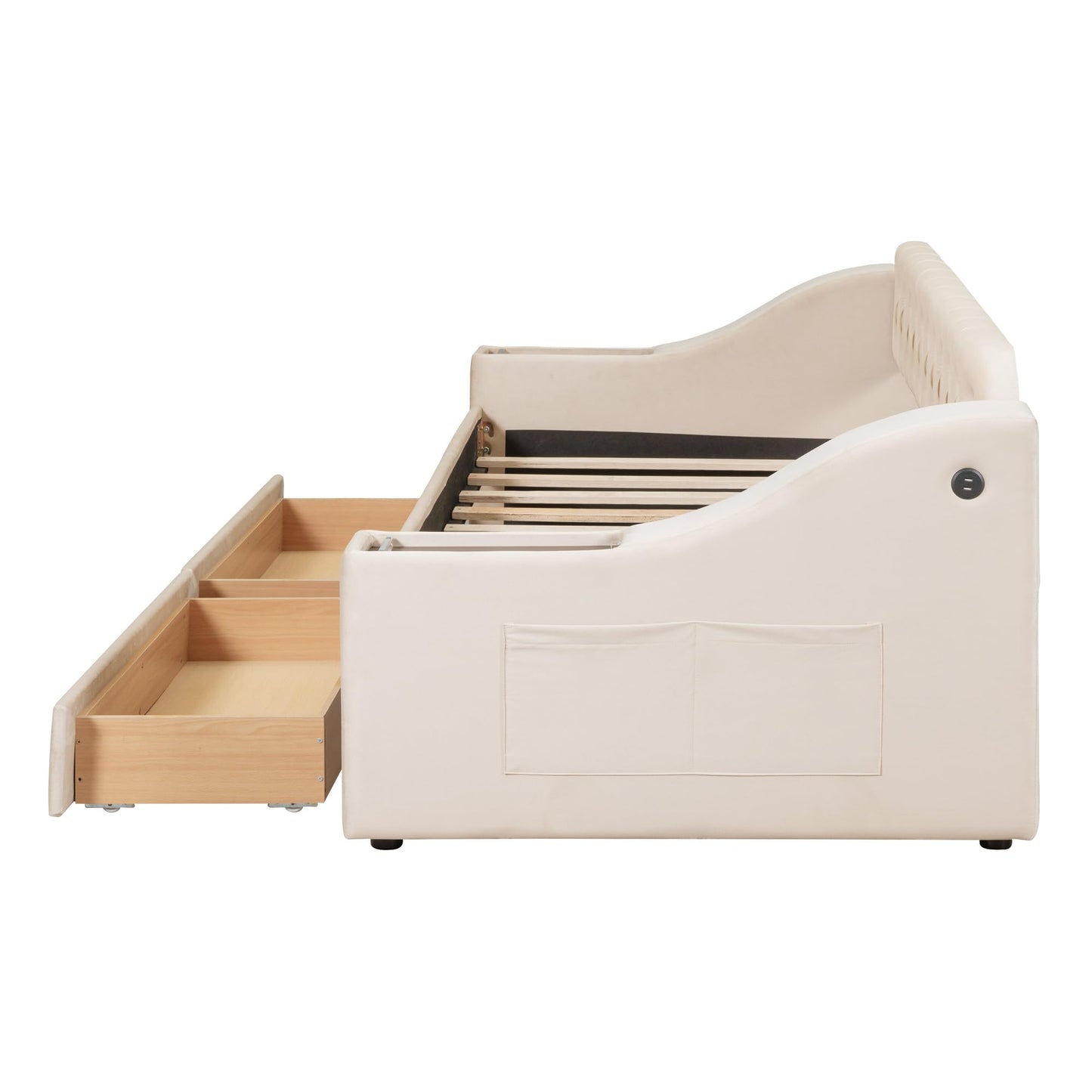 Acosure Twin Size Upholstered Daybed with 2 Large Drawers and USB Port,Bed Frame W/Armrests & Wood Slat Spport,for Bedroom,Apartment,Guest Room,Beige