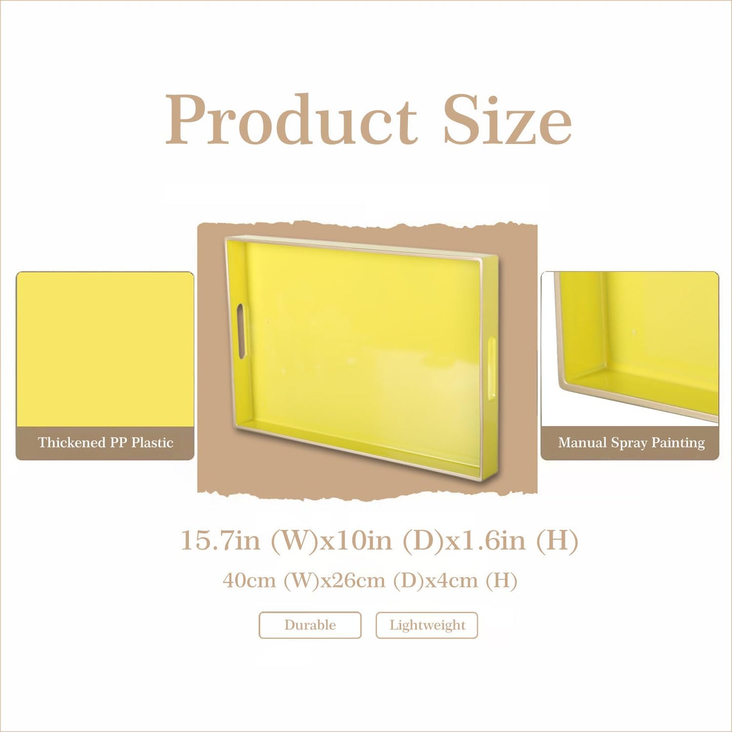 Zosenley Decorative Plastic Serving Tray with Handles, Modern Vanity Organizer for Bathroom, Kitchen, Ottoman and Coffee Table (Yellow, Rectangular)
