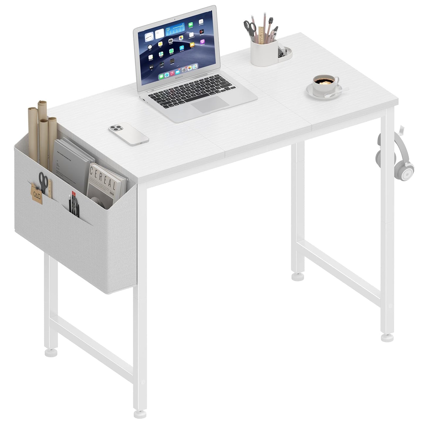 Lufeiya Small White Desk for Small Spaces, 32 Inch Kids Girls Study Writing Desks for Bedroom, Simple Modern Laptop PC Little Side Table with Storage Bag Headphone Hook, White