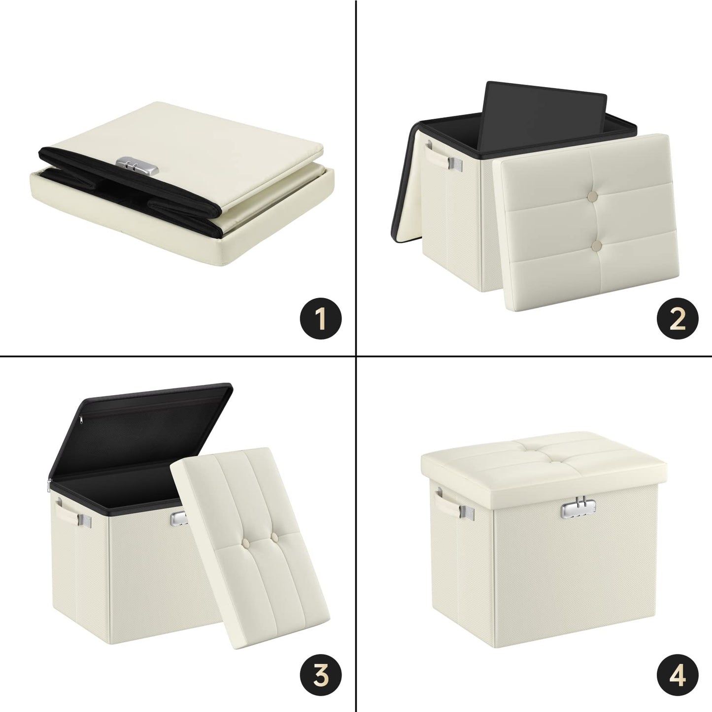 DocSafe Storage Ottoman with Lock,Fireproof＆Waterproof 17 Inches Folding Storage Box with Handles Safe for Important Documents,Leather Storage Ottoman Storage Chest for Living Room,Bedroom,Beige