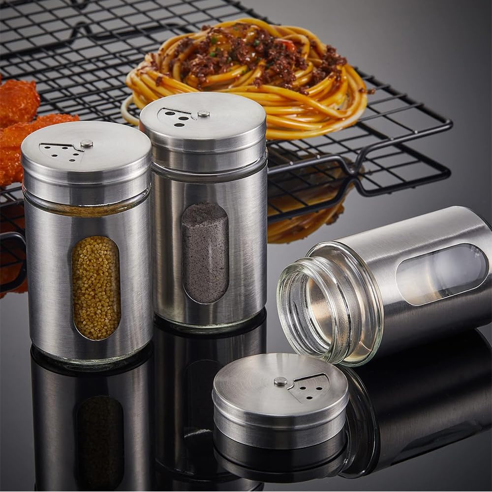 Aiareozy 6 Pack Salt and Pepper Shakers, 80ml Spice Jars with Shaker lids, Salt Shakers Glass with Adjustable Pour Holes, Stainless Steel Seasoning Containers, Spice Bottles Glass for Kitchen