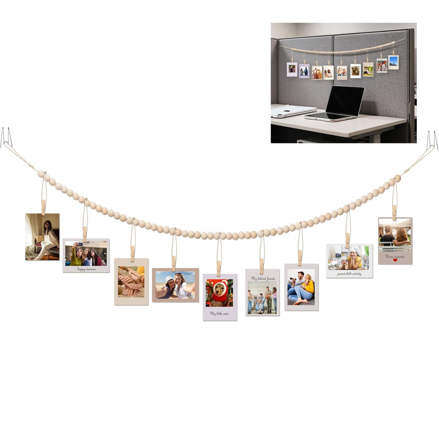 Office Cubicle Hanging Photo Display with Clips, 9 Wood Clips,2 Cubicle Clips for Fabric Wall, Photo Hanger for Boho Office Cubicle Decor, Boho Desk Decor