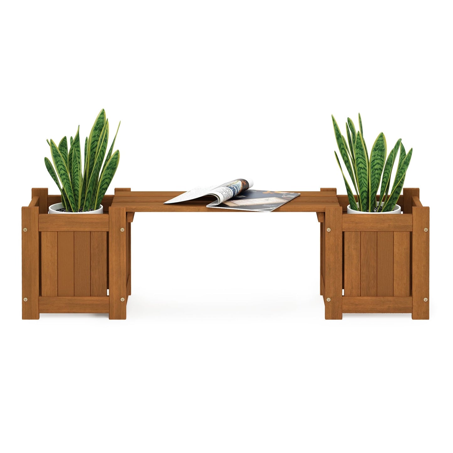 Furinno TIOMAN Mini Planter Box with Bench, Hardwood Flower Box with Seat, Cube Garden Box, in Teak Oil, Outdoor Indoor, Garden, Patio, Balcony, Light Wood