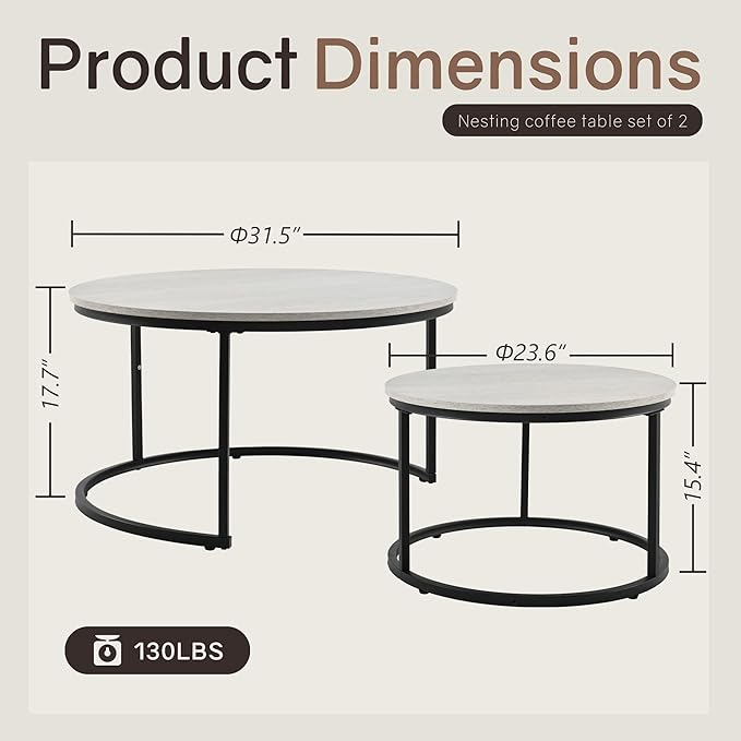 Otterease Nesting Tables Set of 2, 31.5" Round Coffee Table, Large Nesting