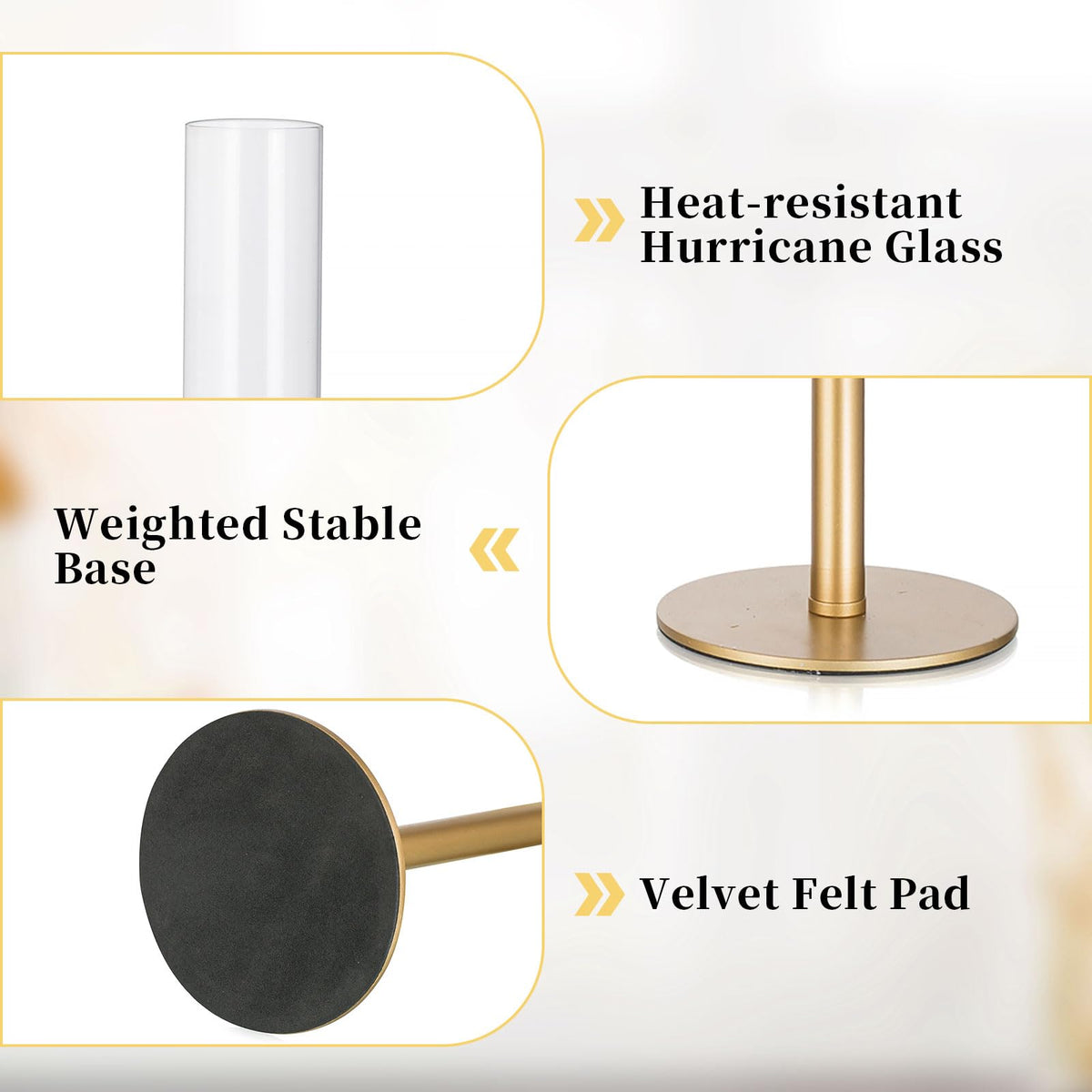 Glasseam Hurricane Gold Candle Holders: Set of 3 Brass Candlestick Holders for Taper Candles Modern Taper Candle Holder with Glass Clear Cylinder Glass Shade for Table Centerpiece Christmas Decor