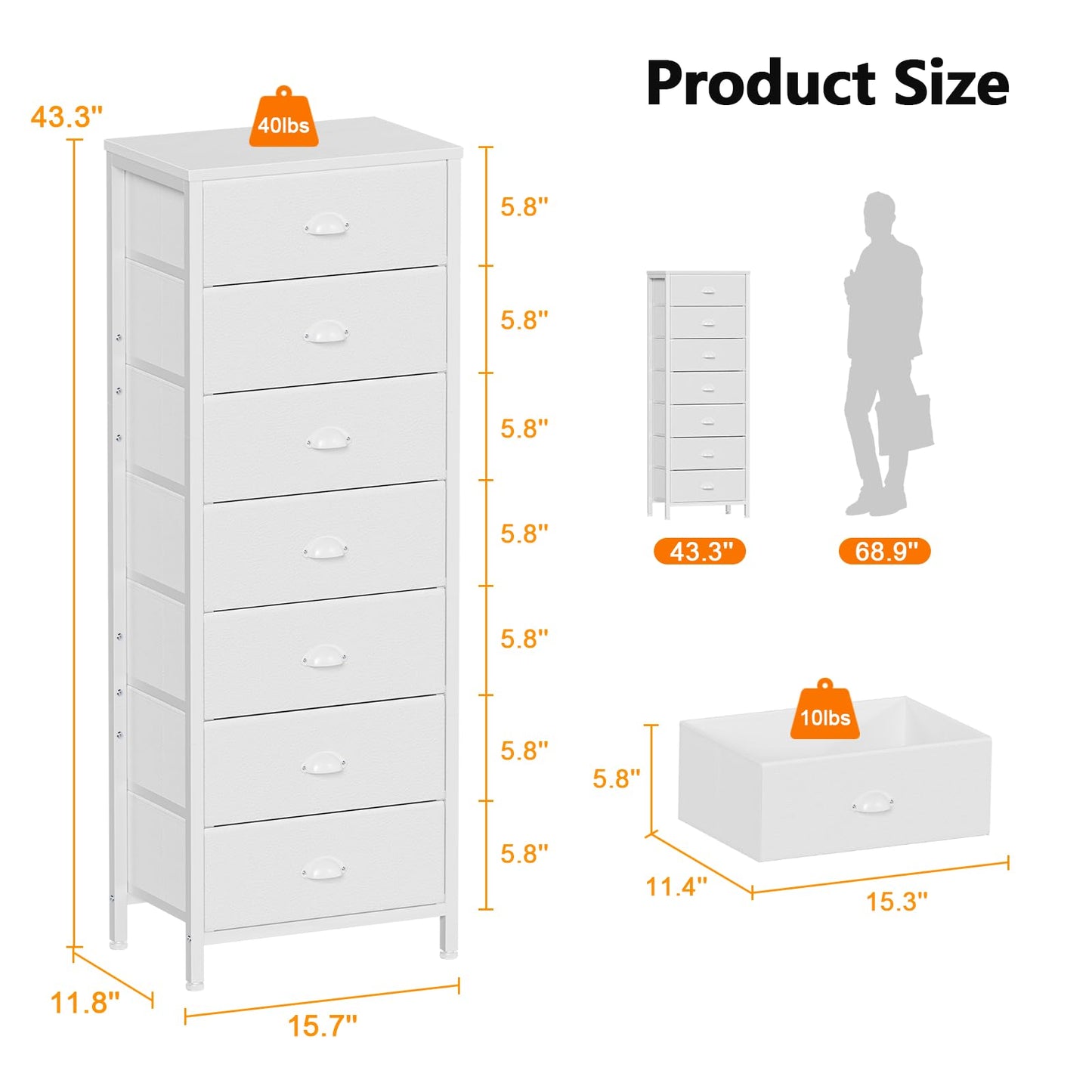Furnulem White Tall Dresser for Bedroom with 7 Drawers, Vertical Chest of Drawer in Closet, Nightstand Storage Tower Unit Organizer with Fabric Bins for Dorm,Living Room,Entryway,Hallyway
