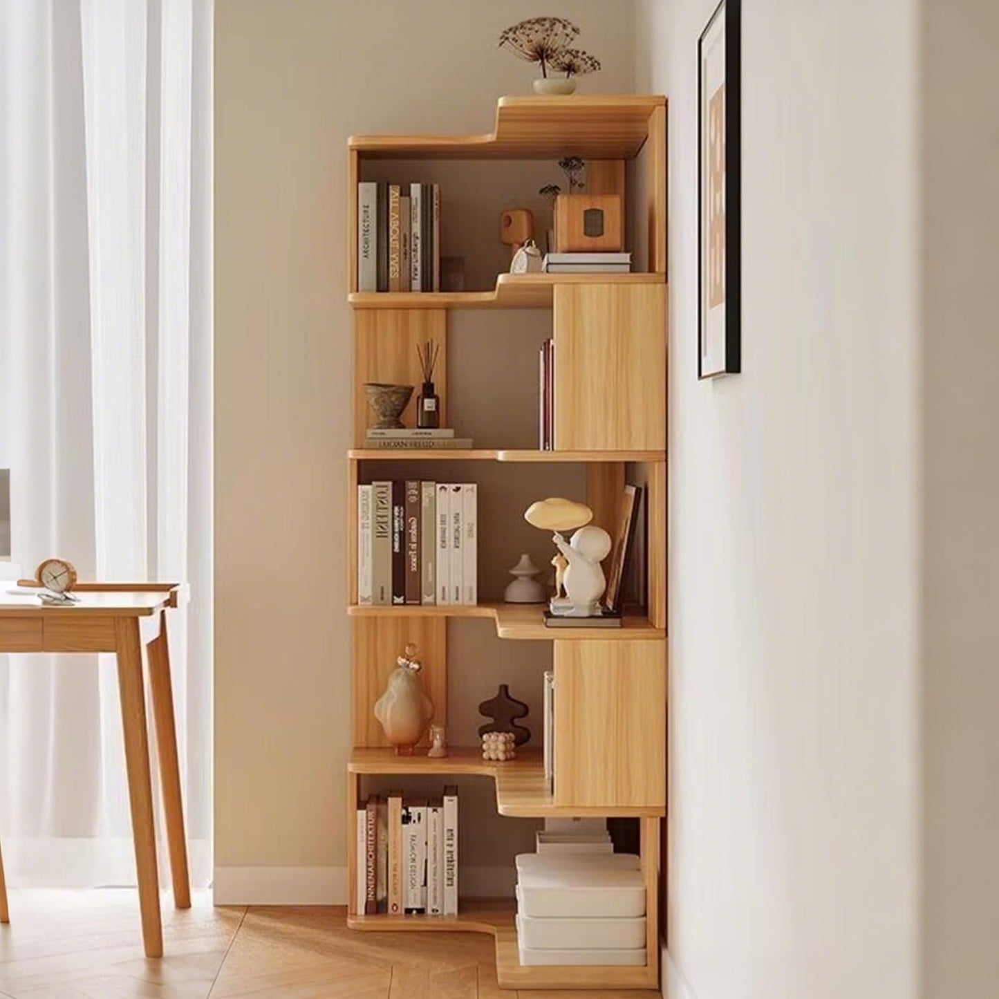 XIJIXILI 5-Tier Corner Bookshelf L-Shaped Wood Open Bookcase with Anti-Drop Panel, Space-Saving Storage for Living Room Bedroom Home Office