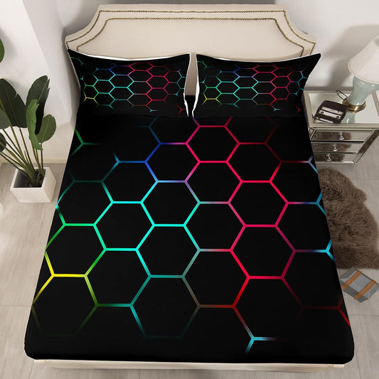 Feelyou Teal and Blue Red Yellow Bed Sheet Set Hexagonal Bedding Sheets Kids Boys Teens Honeycomb Decor Bedding Fitted Sheet Beehive Simplistic Geometric Bed Cover Bedroom Collection 2Pcs Twin Size
