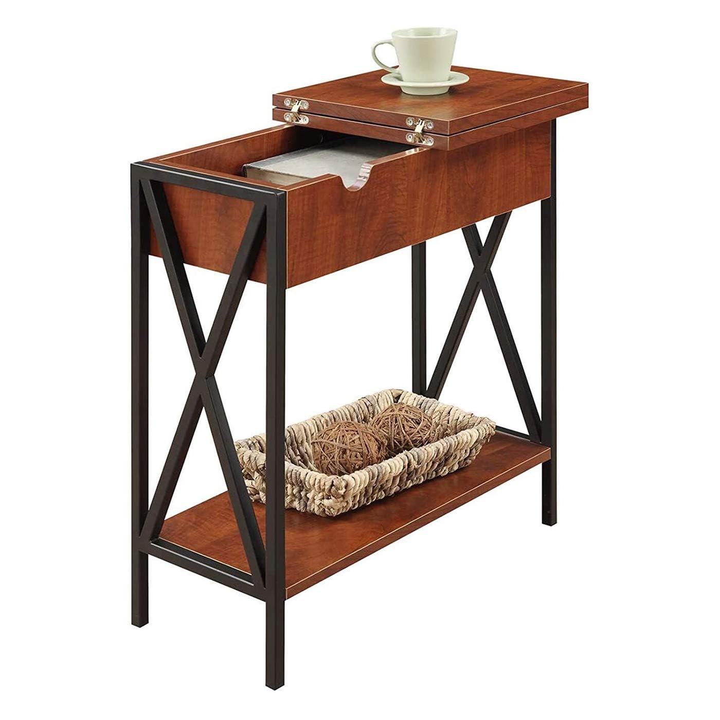 Convenience Concepts Tucson Electric Flip Top Table in Cherry Wood and Black Metal Frame