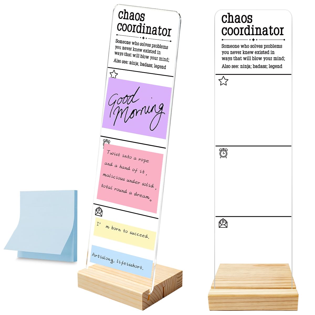 Monitor Memo Board with Removable Wooden Base Acrylic Portable Sticky Note Holder, Chaos Coordinator Acrylic Message Board Sign, Office Desk Desk Set Sticky Notes 100 Sheets