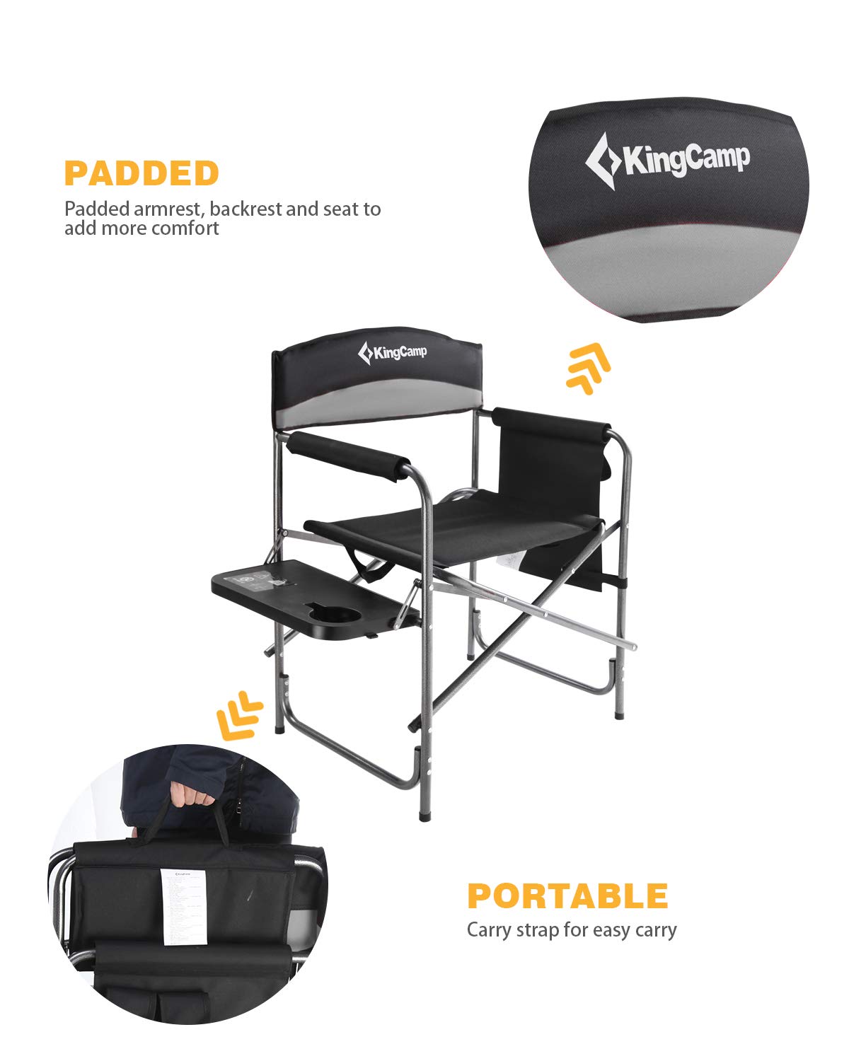 KingCamp Folding Camping Chair, Heavy Duty Portable Directors Style with Side Table Carry Handle Storage Pockets for Outdoor Tailgating Sports Backpacking Fishing, Black