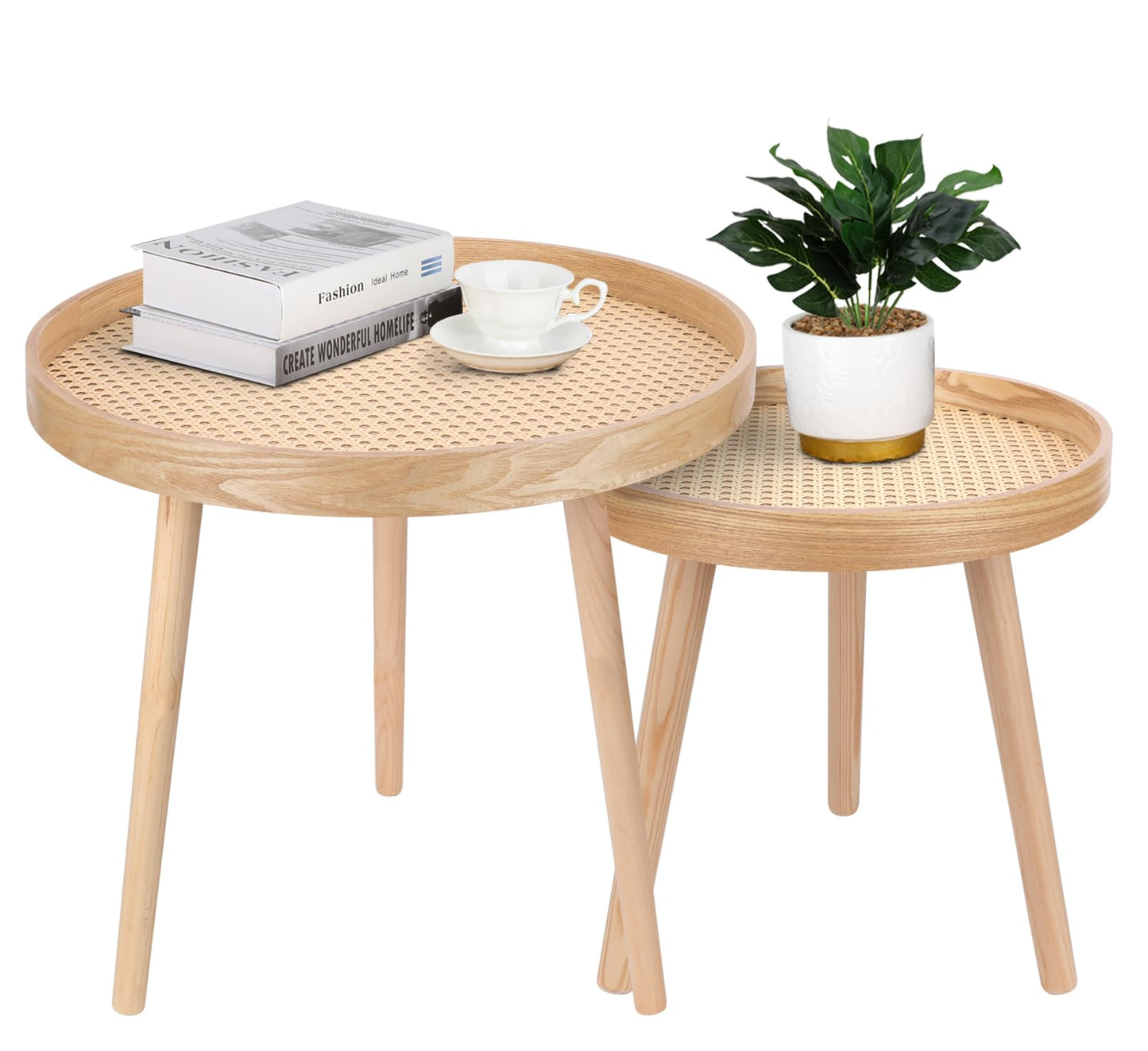 Round Coffee Table Set of 2, Natural Boho Coffee Tables, Small Mid Century Modern Rattan Coffee Table, Boho Side Table End Tables for Living Room Bedroom Office