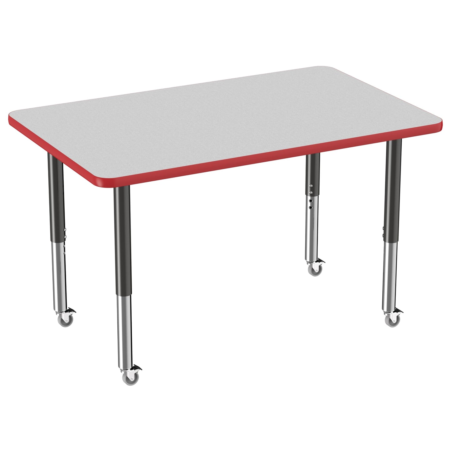 FDP Mobile Rectangle Activity School and Office Table (30 x 48 inch), Super Legs with Glides and Casters, Adjustable Height 19-30 inches - Gray Top and Red Edge