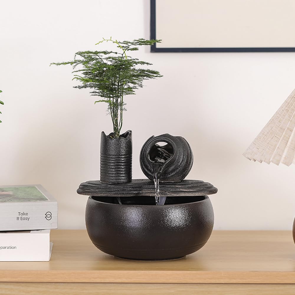 Ceramic Tabletop Fountain Water Feature Fall Indoor and Outdoor Decoration (Black Pot A150)