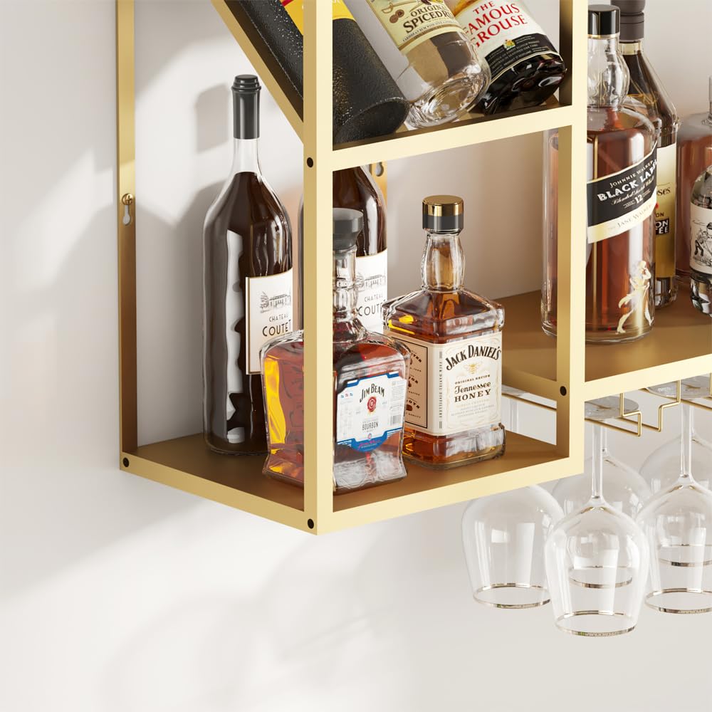 KaKaBB Metal Floating Bar Liquor Shelves 2 Tier, Wall Mounted Wine Rack with Glass Holder Storage, Wall Bar Shelf Wine Display Storage Holder for Kitchen Dining Room(Gold)