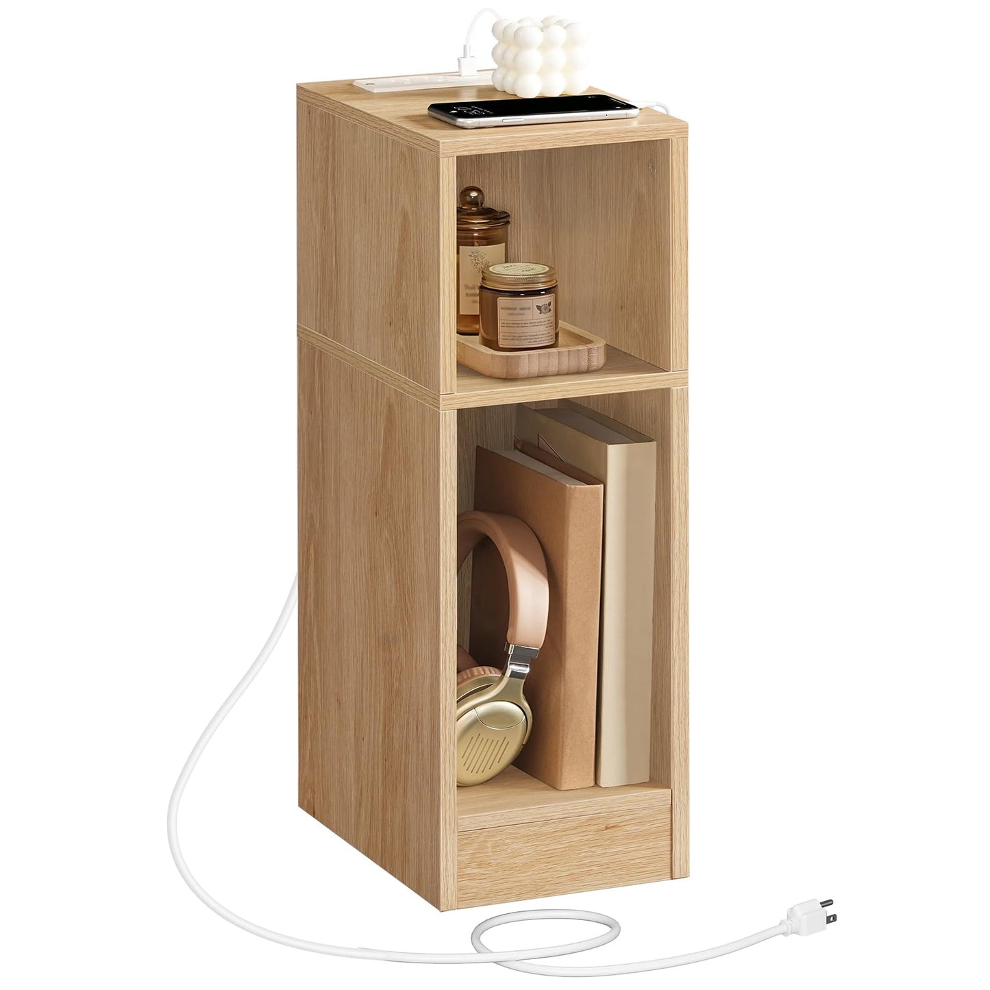 MAHANCRIS Narrow Nightstand, Narrow End Table with Charging Station, Skinny Bedside Table for Small Spaces, Mid Century Modern Night Stand for Bedroom, Living Room, Natural ETNA30E01