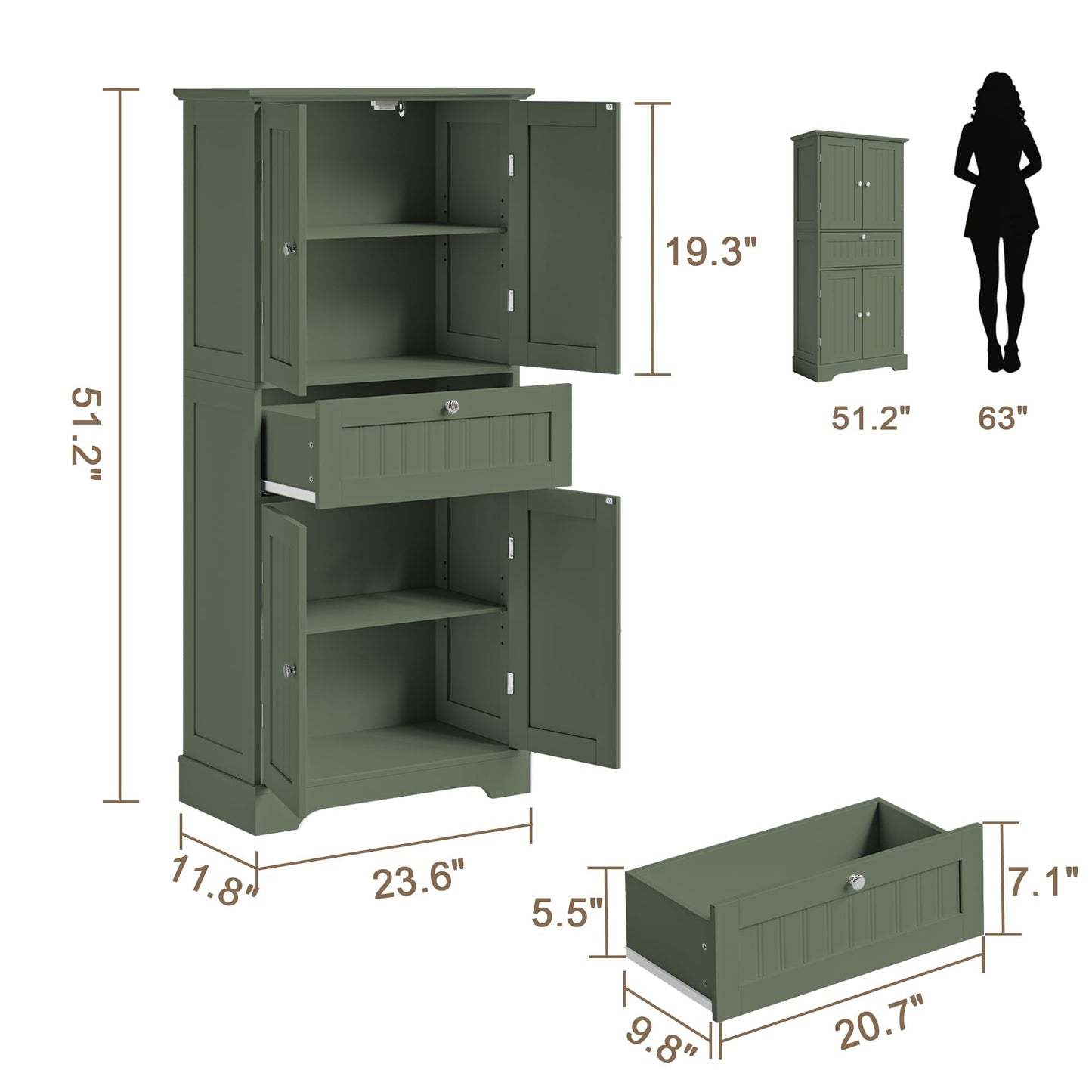 ChooChoo 51" H Tall Bathroom Floor Cabinet, Modern Bathroom Storage Cabinet with Drawer and Adjustable Shelves, Freestanding Kitchen Pantry Cupboard with 4 Doors for Living Room, Green