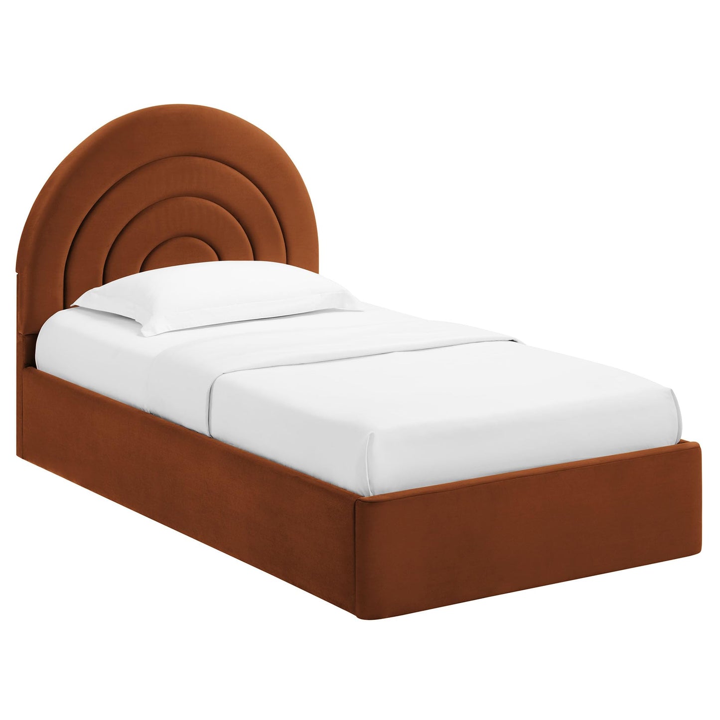 Modway Solana Twin Size Performance Velvet Platform Bed in Rust – Upholstered Bed Frame with Soft Arch Shaped Padded Headboard – Plinth Base Platform Bed Frame