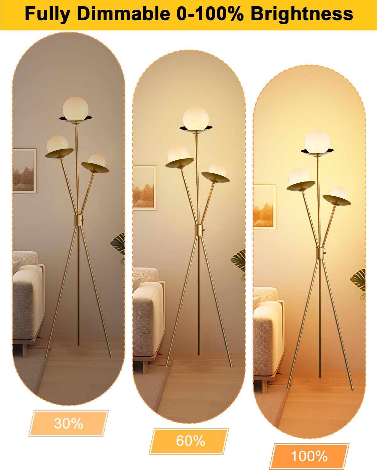 ACOHOOK 3 Globe Dimmable Tripod Floor Lamp, Mid Century Floor Lamps with 3Pcs 3000K Bulbs Included, Modern Gold Tall Lamp for Living Room Bedroom Home Office Sofa Beside Corner Decor