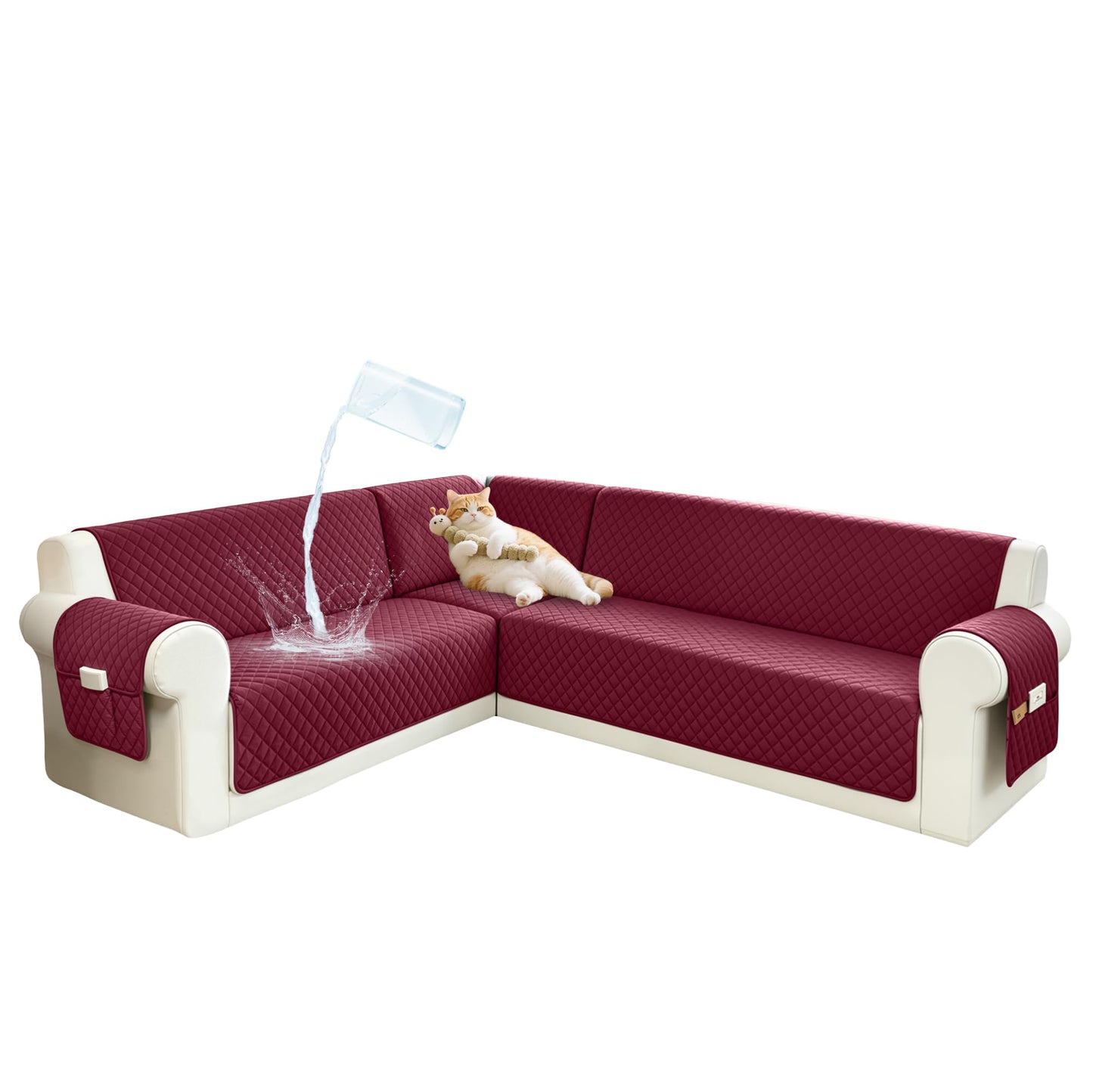 SYJOVIA Sectional Couch Covers for Dogs 100% Waterproof Corner L Shaped Sofa Cover Pet Friendly Velvet Washable Anti Slip L Shape Modular Sofa Slipcover Protector with Pockets (Red, X-Large)