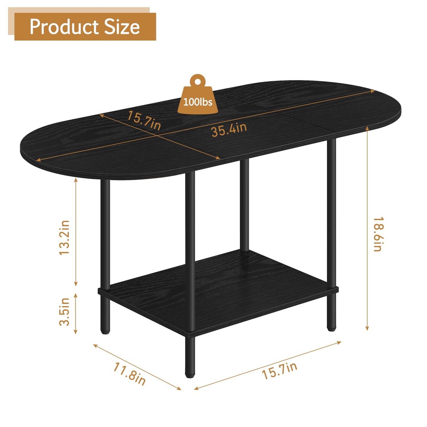 OYEAL Black Coffee Table for Living Room, 2-Tier Small Oval Center Table, Mid Century Farmhouse Round Tea Table with Storage Shelf for Small Space, Home Office, Living Room