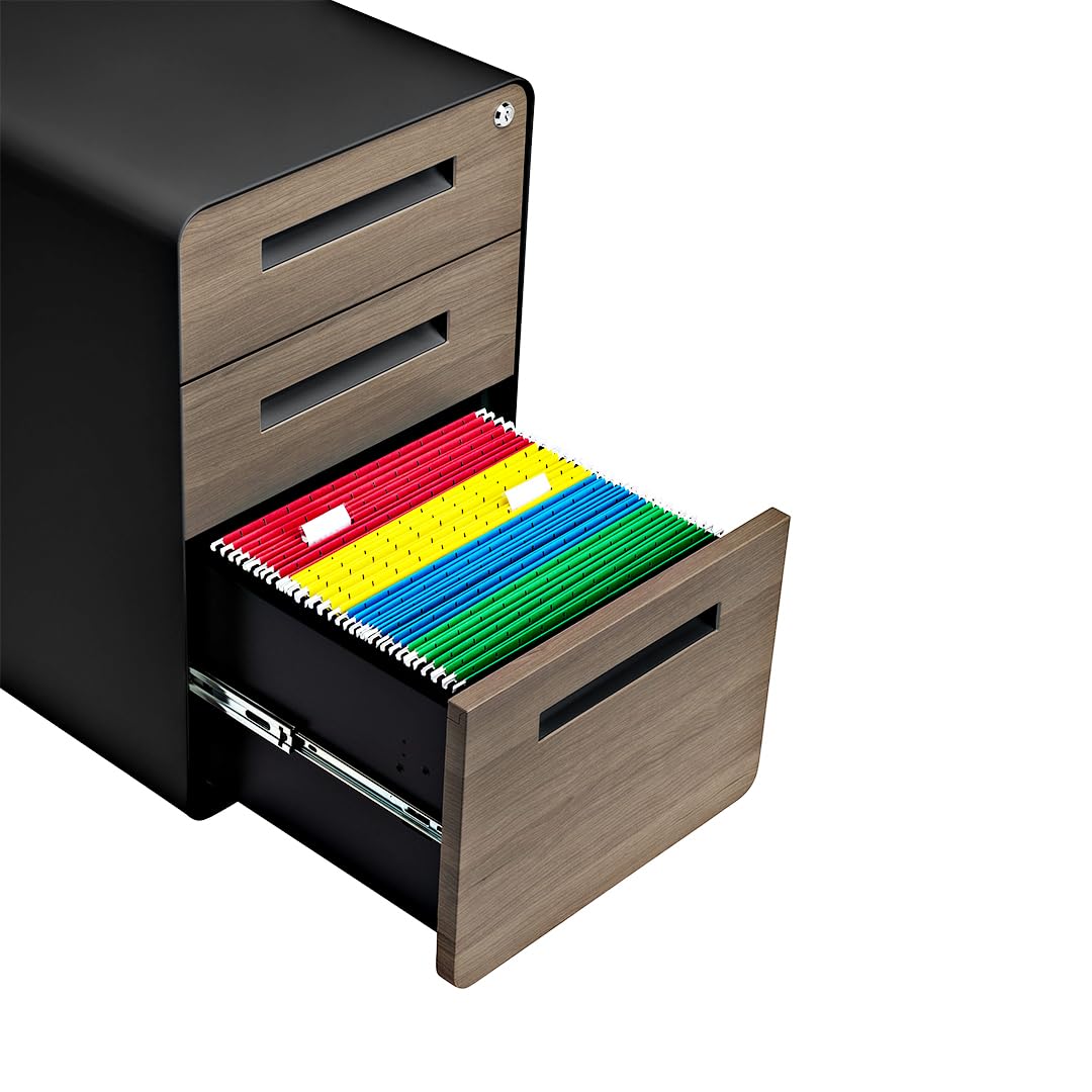 Laura Davidson Furniture Stockpile 3 Drawer File Cabinet with Lock - Under Office Desk Metal Filing Cabinet, Legal/Letter File Folders, Wheels and Stationary Feet, Pre-Assembled, Black/Wood
