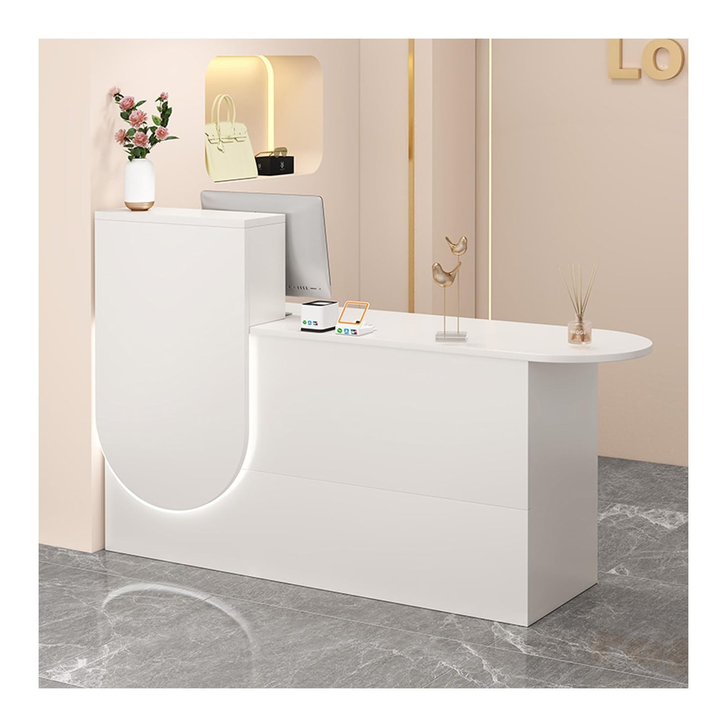 Modern Reception Desk with Lockable Drawers & Storage Cupboard, White L-Shaped Reception Desk with Drawer - Space-Saving Office Checkout Counter, Easy to Install Small Reception Station for