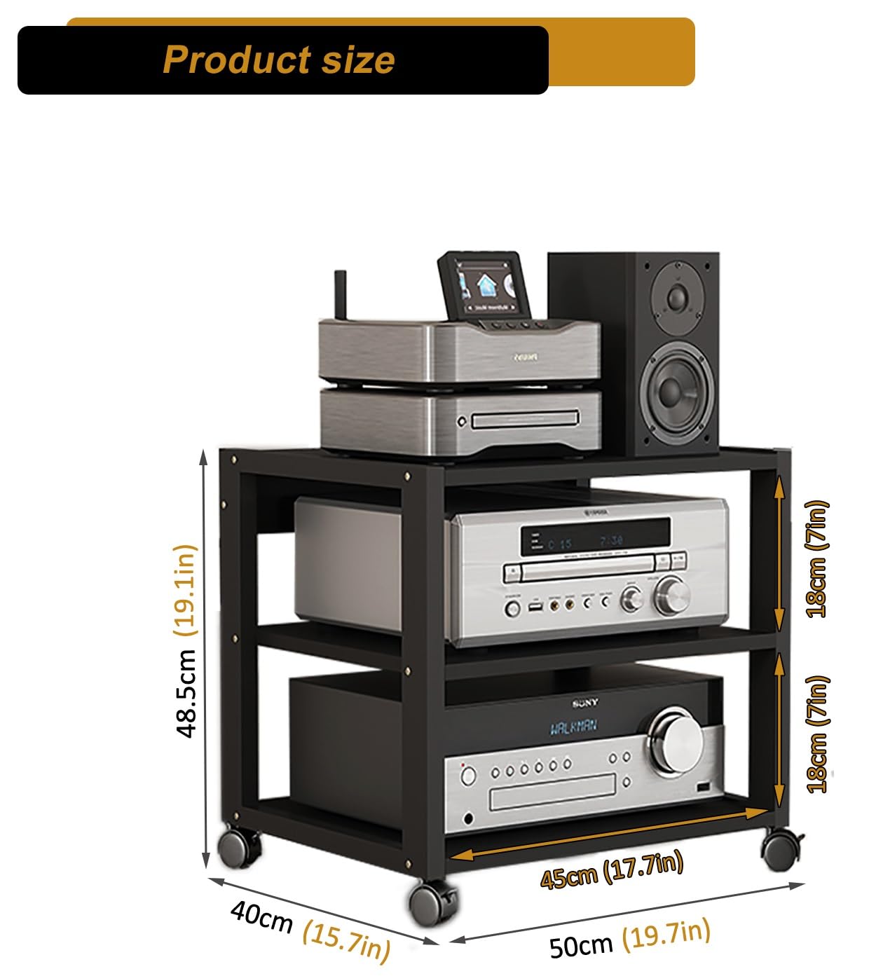 XEOKXOIT 3 Tier AV Media Stand, Audio Rack Tower Stereo Components Cabinet, Home Theatre CD Record Player Stereo Receiver Equipment Rack with Adjustable Wood Shelves, Load 220lbs (Black)