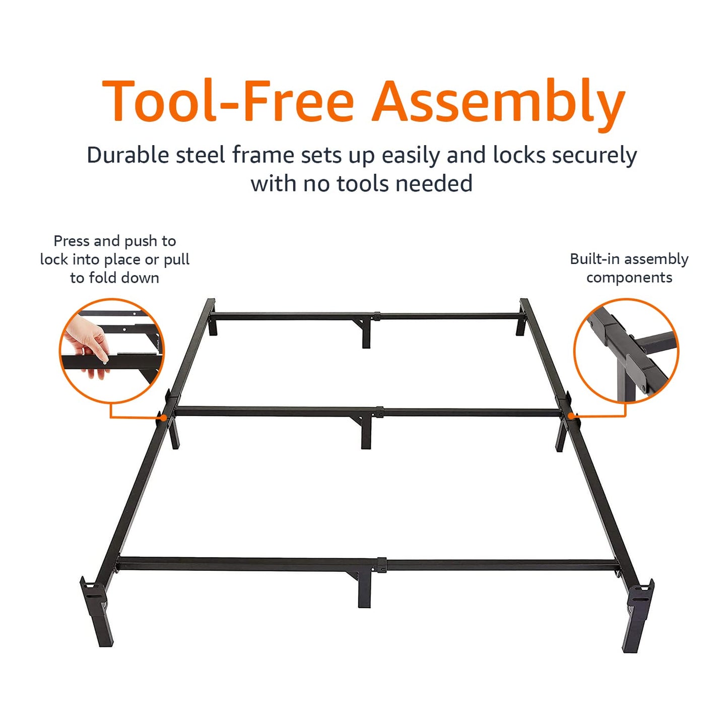 Amazon Basics Metal Bed Frame, 9-Leg Support Base for Box Spring and Mattress, Tool-Free Easy Assembly, No Tools Required, Full Size, Black