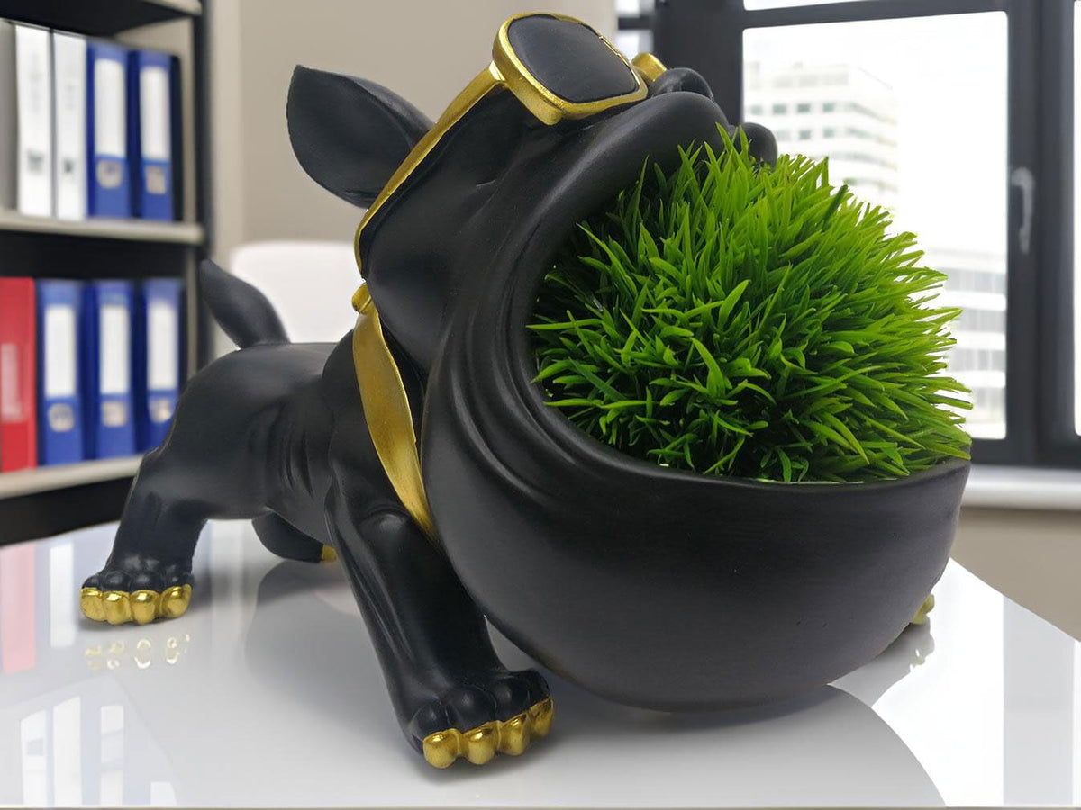 CUZOKOLA Large French Bulldog Tray Statue Cute Dog Candy Dish Modern Entryway Table Keys Candy Bowl for Office Desk Funny Animal Storage Sculpture Figurine with Big Mouth Gold Glasses for Home Decor