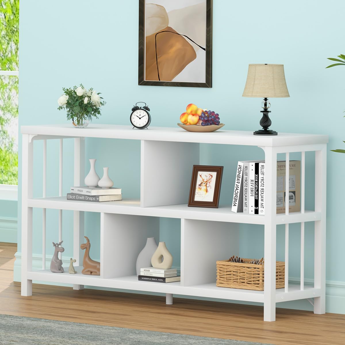 IBF White Wood Bookshelf, Industrial Horizontal Cubby Book Shelf, Low Open Shelf Bookcase for Office Living Room, Modern Short Wide 5 Cube Storage Organizer for Books Display Bedroom, White Oak, 47 In